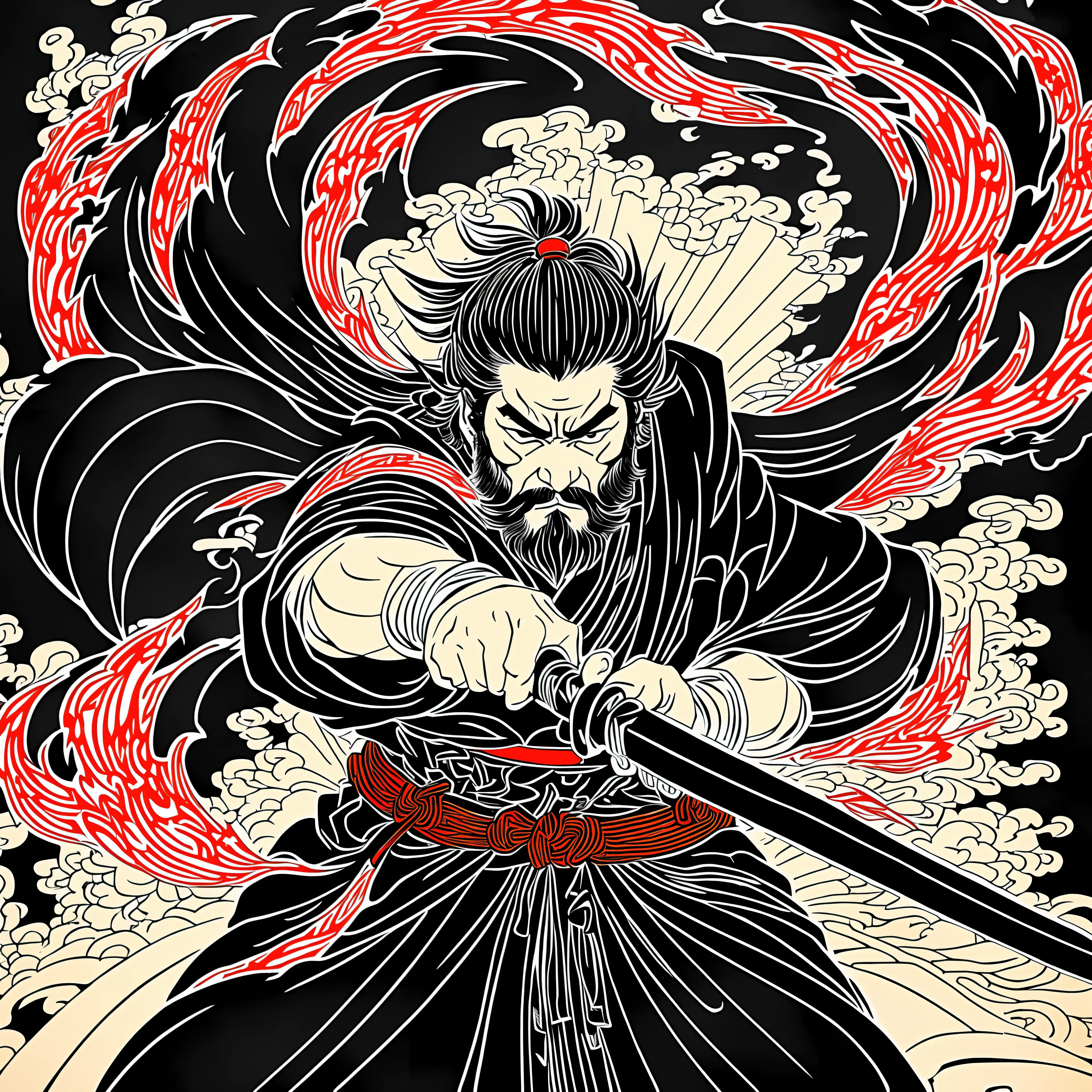 It is a Katsushika Hokusai-style line drawing with natural colors. The swordsman Miyamoto Musashi is a Japan samurai with a large strong physique like a strong man. His face is very dignified. He also has short black hair and a short, trimmed beard. His upper body is covered in a black kimono and his hakama is knee-long. In his right hand he holds a Japan sword with a longer sword part. High quality, masterpiece high resolution ukiyo-e style.　Red flames swirling in the dark night. Miyamoto Musashi faces the front and swings his sword down forcefully.