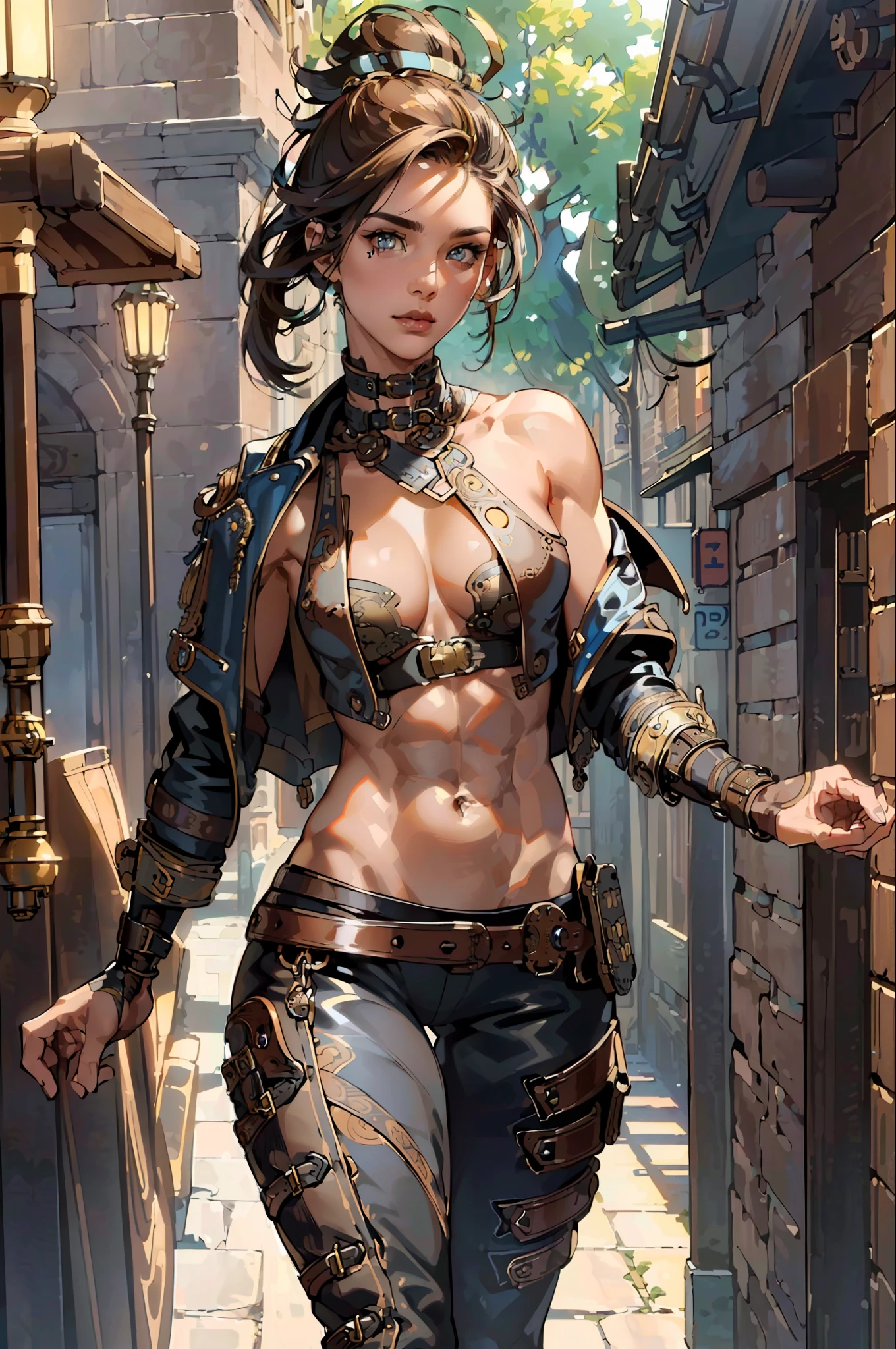 ((((Steampunk Clothing)),(abs, nude chest, athletic anatomy, slim,sexy pose, sexy clothes, high resolution, ultra detailed),(best quality, masterpiece: 1.2), photorealistic, ultra high resolution, front lighting, intricate details, exquisite details and textures, vibrant, facial highlight, sexy, seductive, (beautiful detailed eyes), (beautifully detailed face), , thick and swirling fog, bokeh, science fiction, SC3PT4 style, flying around town during the day,  (masterpiece), best quality, highres, 4K, 8K, detailed illustration, amazing quality, 1girl, feminine fit, amazing shading, soft lighting, in front of the camera, perfect eyes,