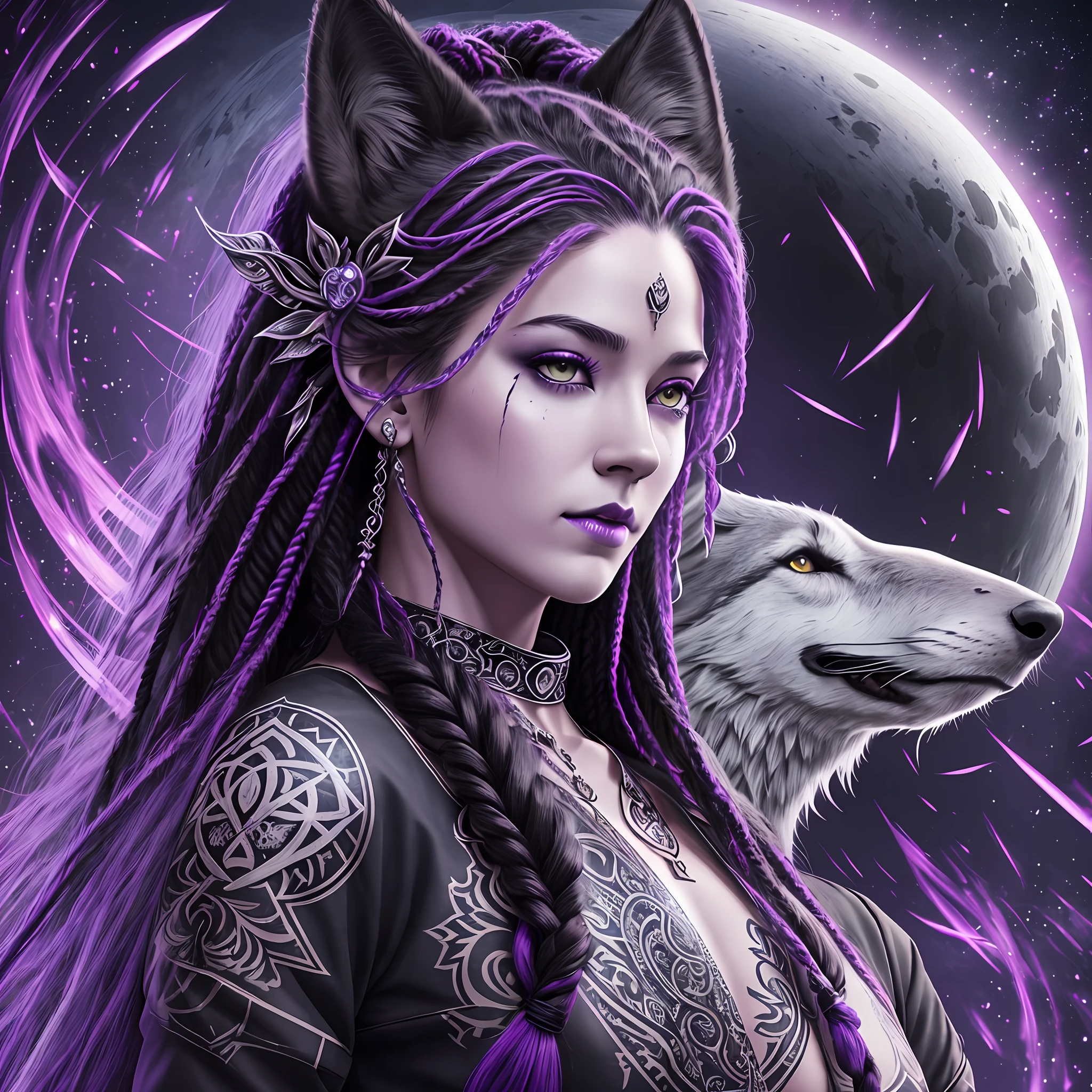 Druid, female, woman, slender body, black, braids in the hair, rastafari, ultra realistic, wolf on the right side and a dragon on the left side in the scene, black smoke surrounds the body of the character, jeans, purple blouse, super detailed white skull tattoo on the face, object with the same theme, very bright totally white eyes, UHD, super defined details --auto --s2