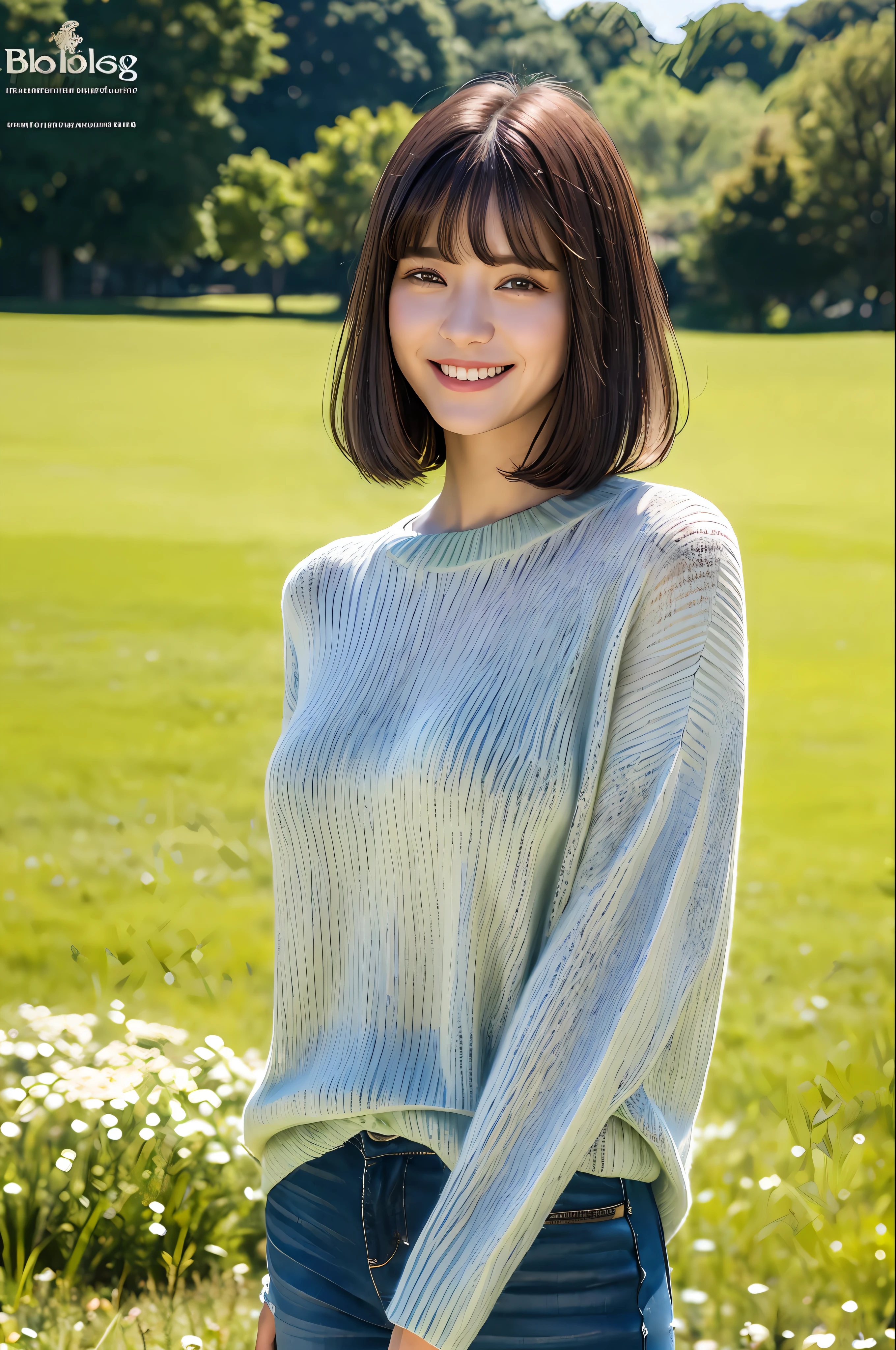 Top Quality, Masterpiece, Ultra High Resolution, (Photorealistic: 1.4), Diagonal Landscape, 1 Girl, Dark Hair, (Bobobs Cut: 1.4, Bangs), Smile, Glossy Skin, Dramatic Lighting, Neatness, T-Shirt, White Summer Sweater, (Big: 0.9), Park