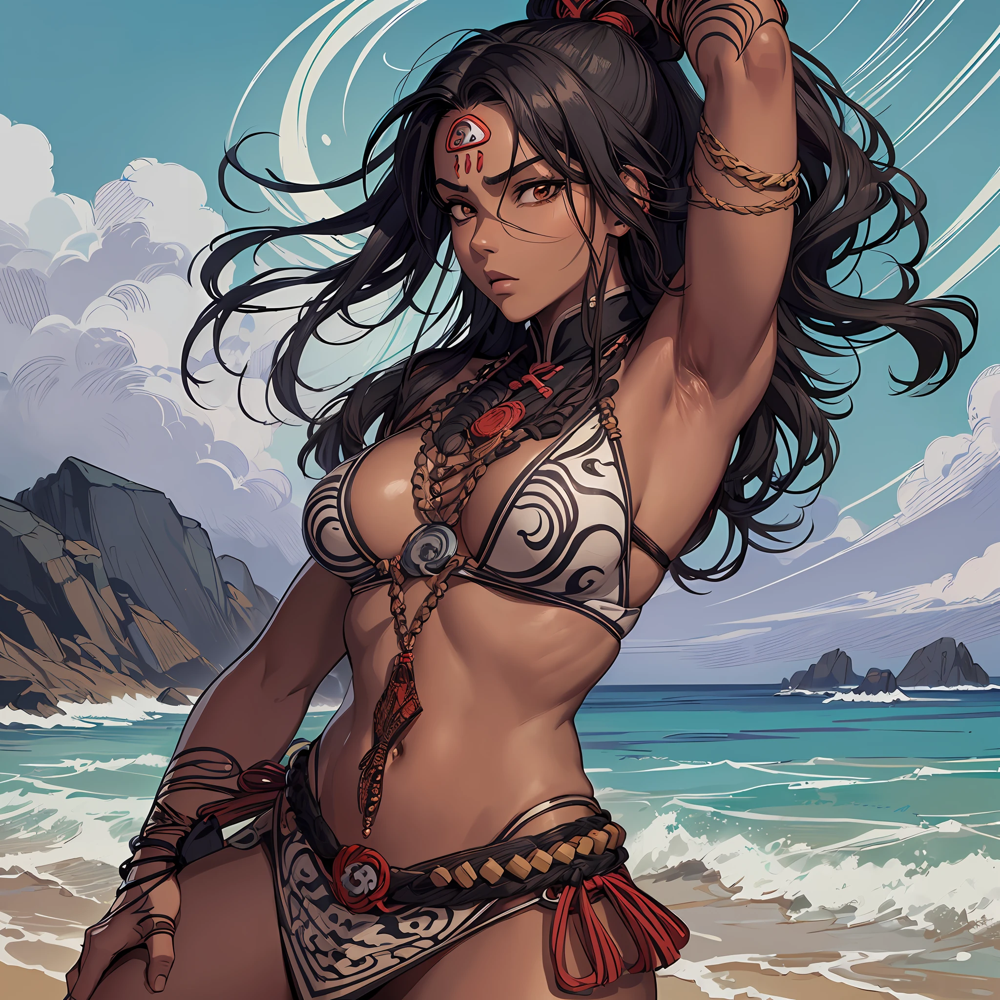 (open image) (kaisen jujutsu style), (line art:1.5), (1 woman:1.3), ((color)), Brazilian indigenous woman, indigenous clothes, brown skin, dramatic pose, by the sea, (masterpiece, superior quality, best quality), extremely detailed background, good composition, good anatomy, perfect lighting, good shading, (realistic:1.3) --auto --s2