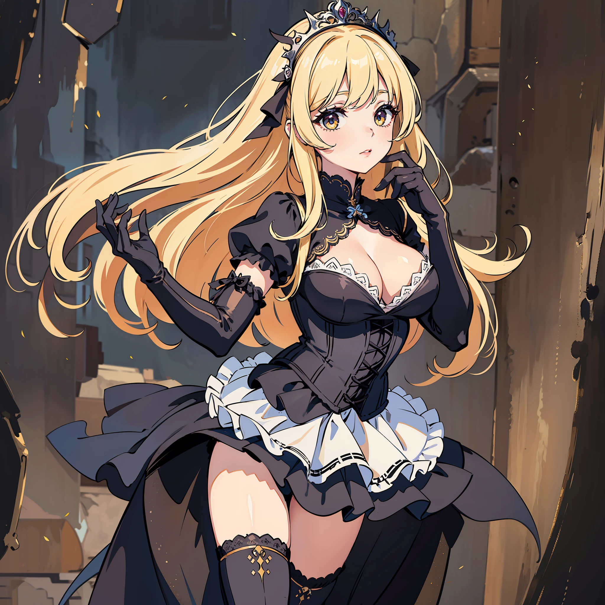 (((masterpiece))),high resolution,((high quality)),HQ,1girl,((extremely detailed)),CG,unity,8k,wallpaper,solo,(full body),mature,standing,blonde,long hair,(((eyeliner))),tiara,((white frilly black short petticoat)),thigh strap,lace trim black elbow gloves,knee boots,medium boobs,cowboy shot,black corset,((extremely detailed hand)),