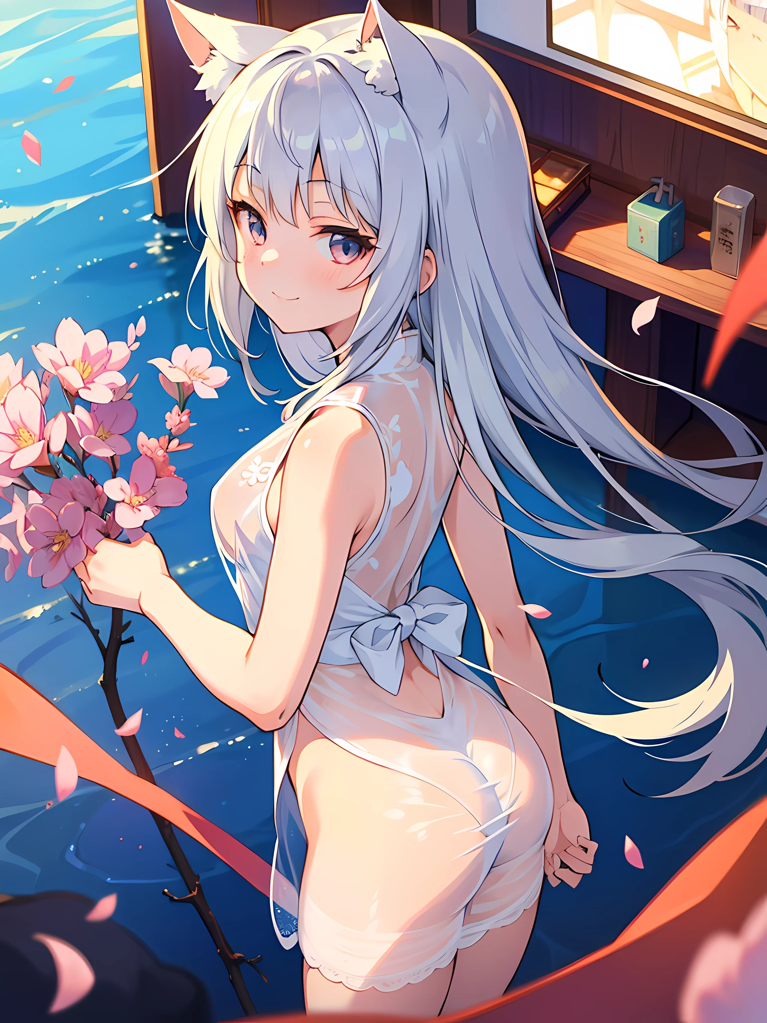 Masterpiece, Top Quality Anime Illustration, Super Detail, One Girl, Solo Focus, Silver-haired Beautiful Girl, Anime , Cat Ear Loliite See-Through Yukata, Short Yukata, Sleeveless, Smile, Bare Skin Side Breasts, Thigh Focus, Butt Focus