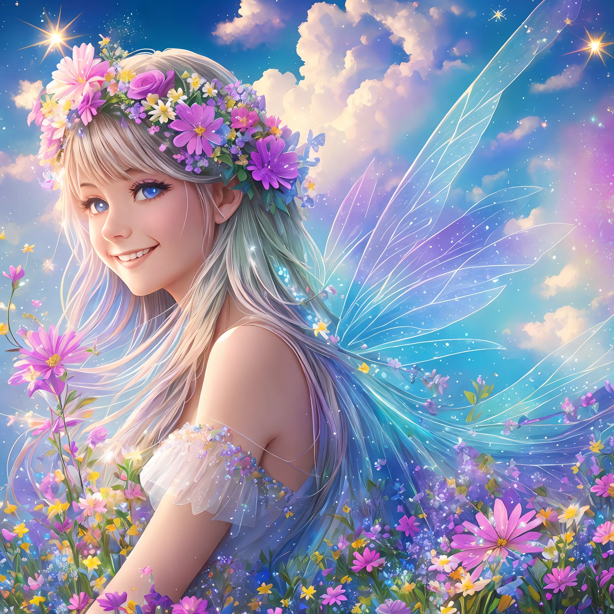 fairy feathers on the back, light, glow, happiness, bright smile, glitter, flowers, flower garden, halo, clouds --auto --s2