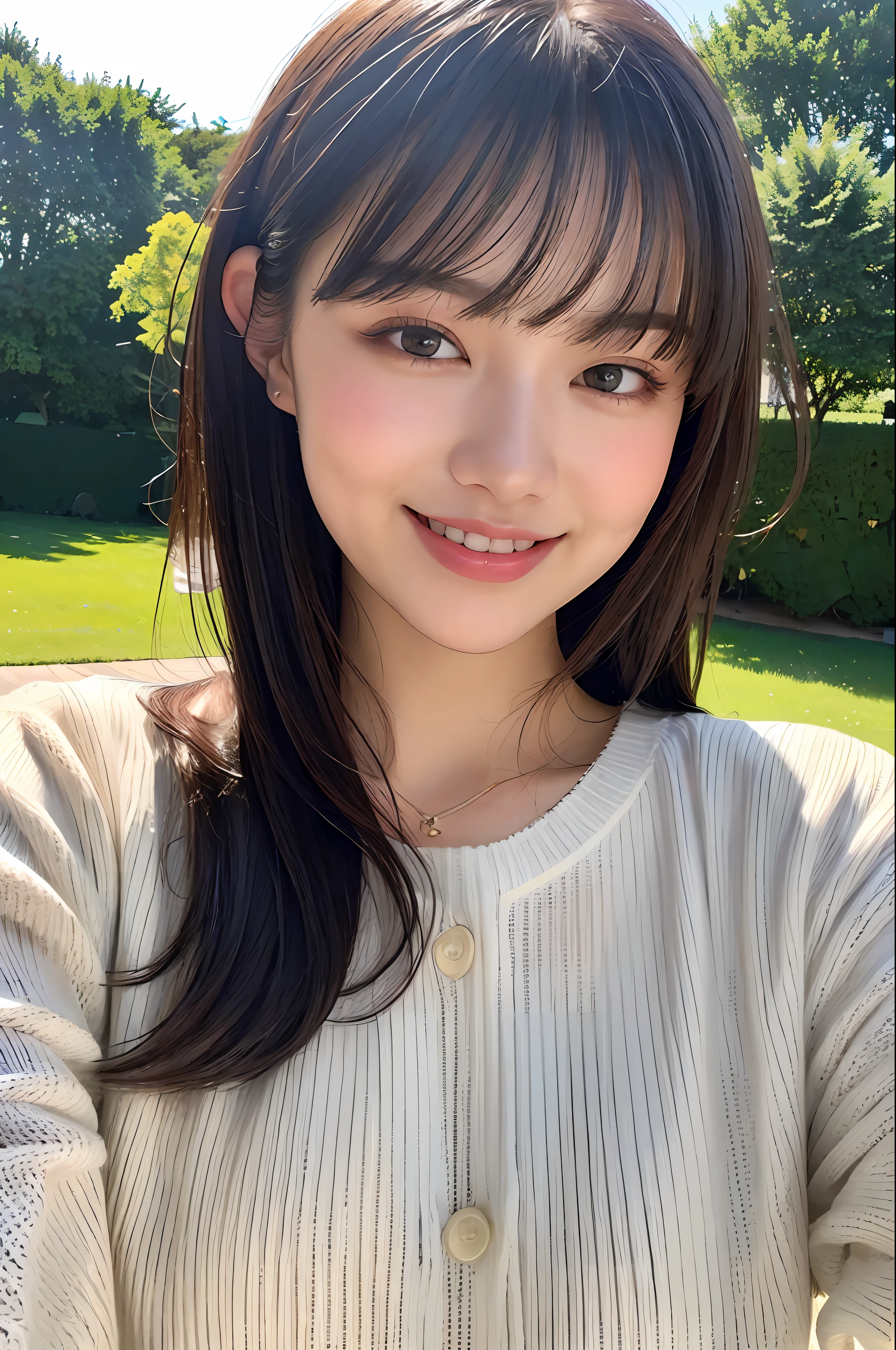 Top Quality, Masterpiece, Ultra High Resolution, (Photorealistic: 1.4), Diagonal Landscape, 1 Girl, Dark Hair, (Bobobs Cut: 1.4, Bangs), Smile, Glossy Skin, Dramatic Lighting, Neatness, T-Shirt, White Summer Sweater, (Big: 0.9), Park