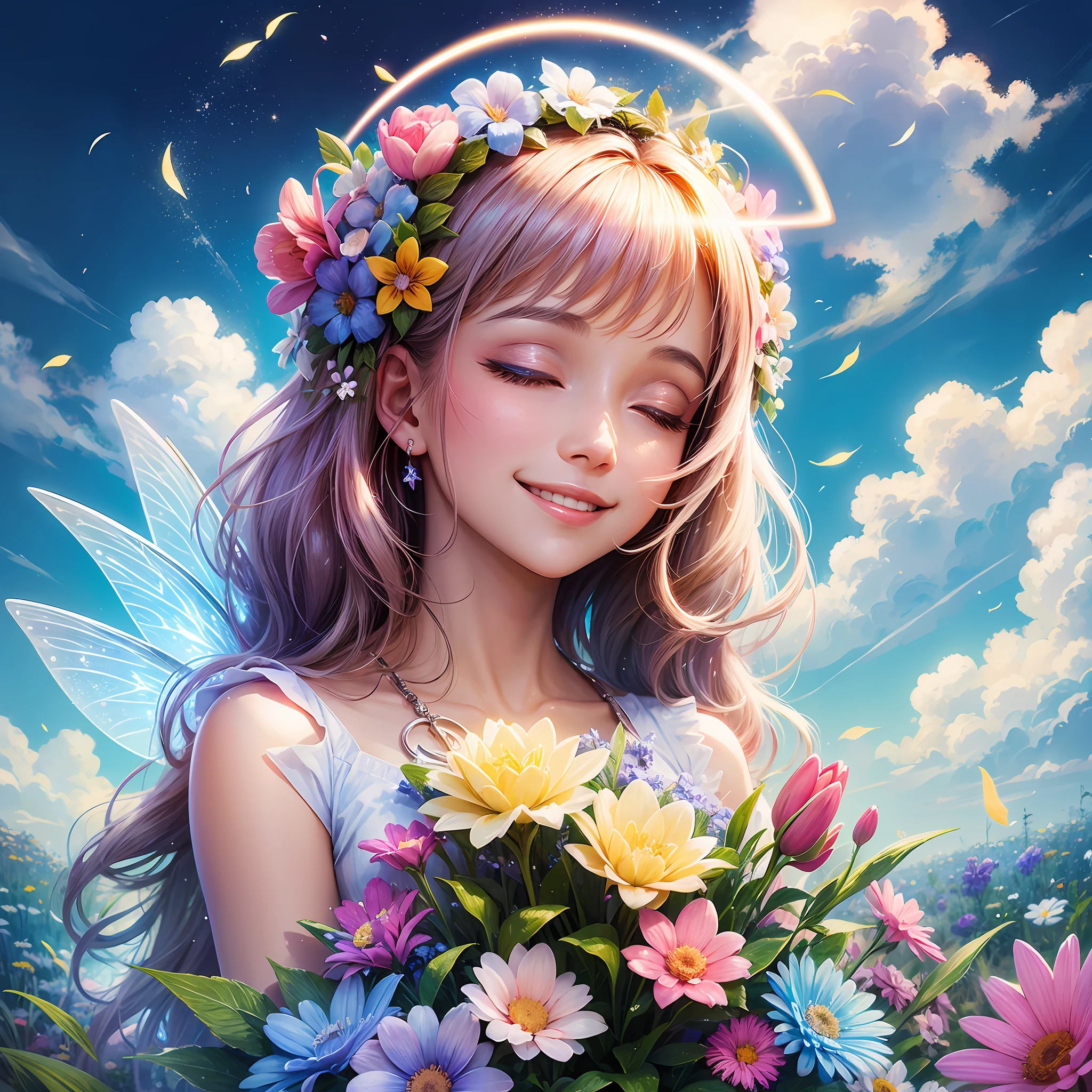 fairy, light, glow, happiness, bright smile, glitter, flower, flower garden, halo, cloud, blue sky --auto --s2