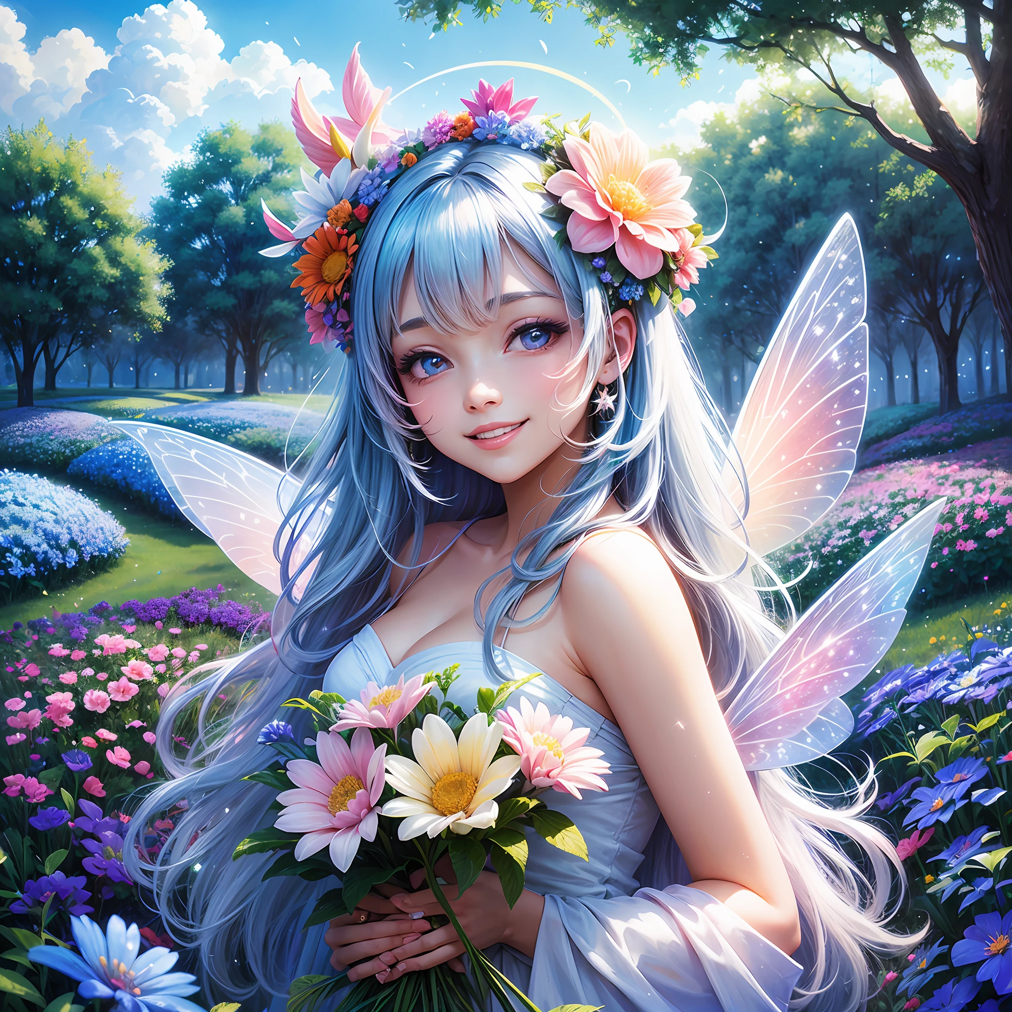 fairy, light, glow, happiness, bright smile, glitter, flower, flower garden, halo, cloud, blue sky --auto --s2