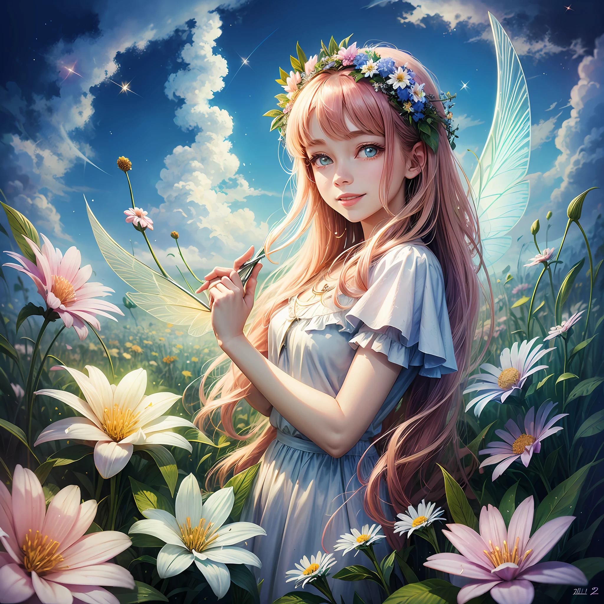 fairy, light, glow, happiness, bright smile, glitter, flower, flower garden, halo, cloud, blue sky --auto --s2