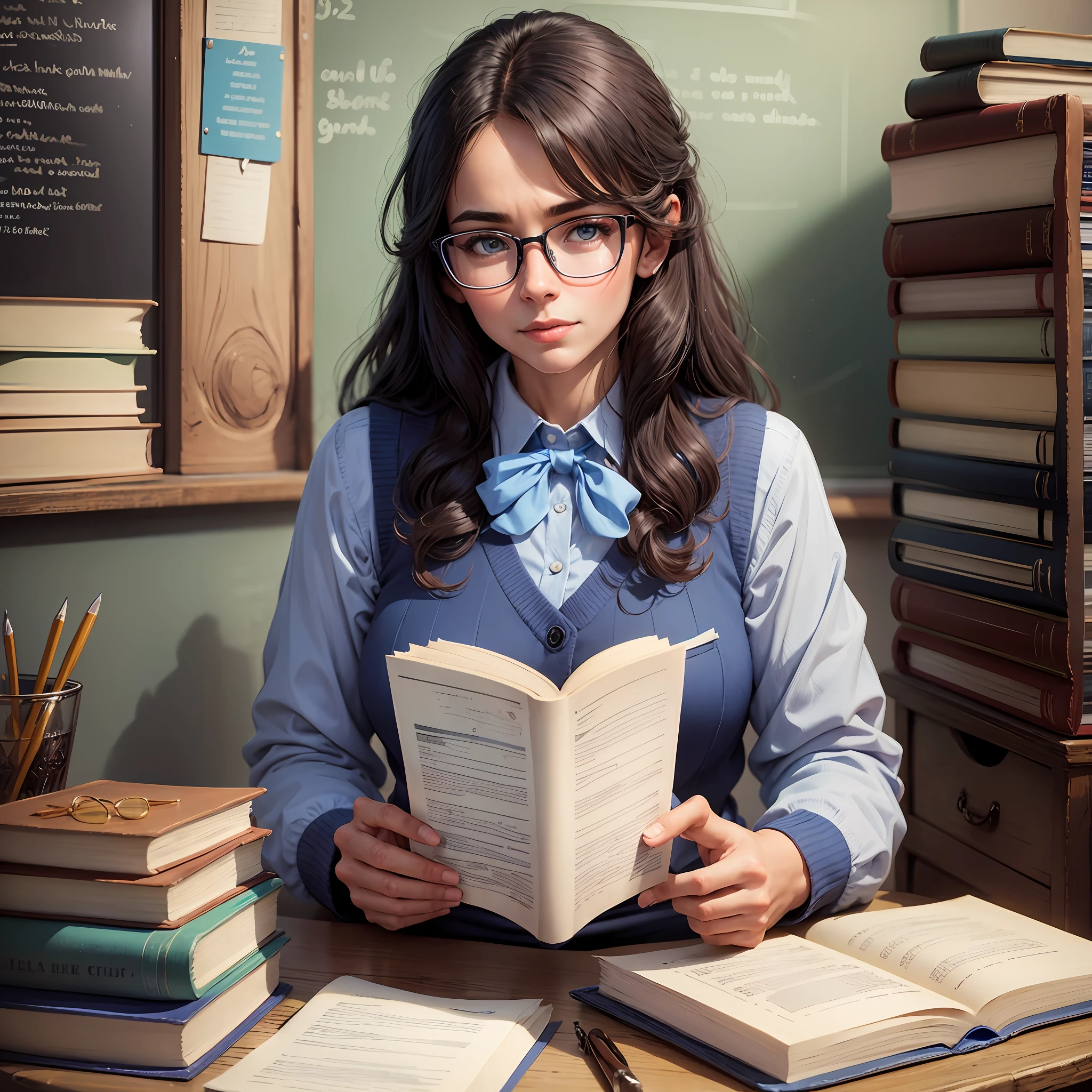 Teacher in glasses well dressed with a blue book --auto --s2