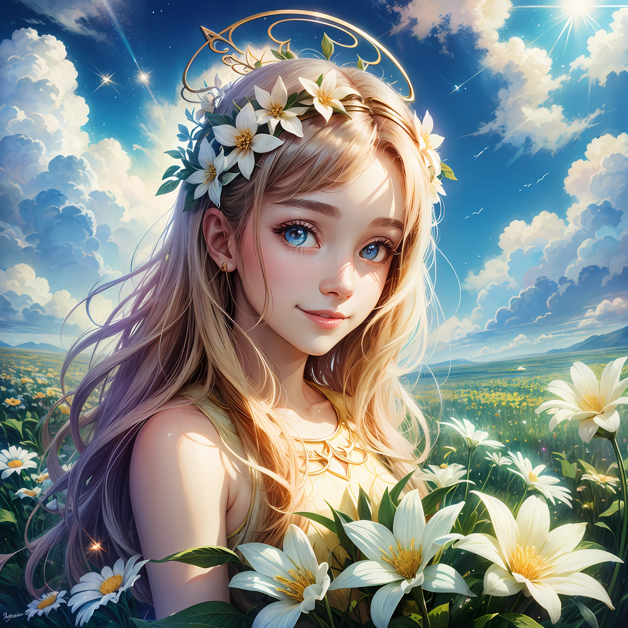 fairy, light, glow, happiness, bright smile, glitter, flower, flower garden, halo, cloud, blue sky --auto --s2