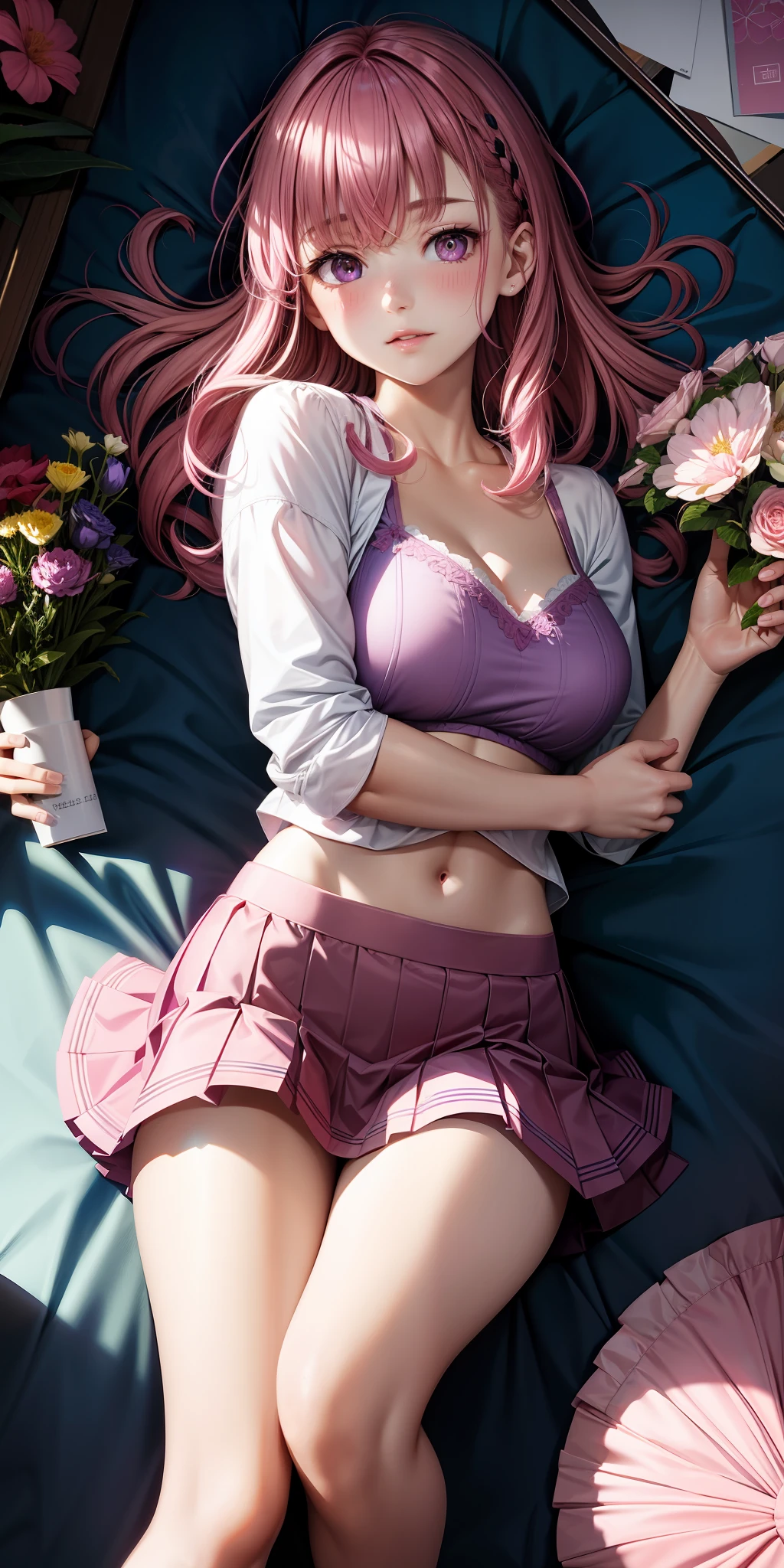 Delicate face, pink underwear, JK skirt, 1girl, colored hair, purple eyes, glowing eyes, parted lips, blush, large bed in the room, flowers, sun, sunlight