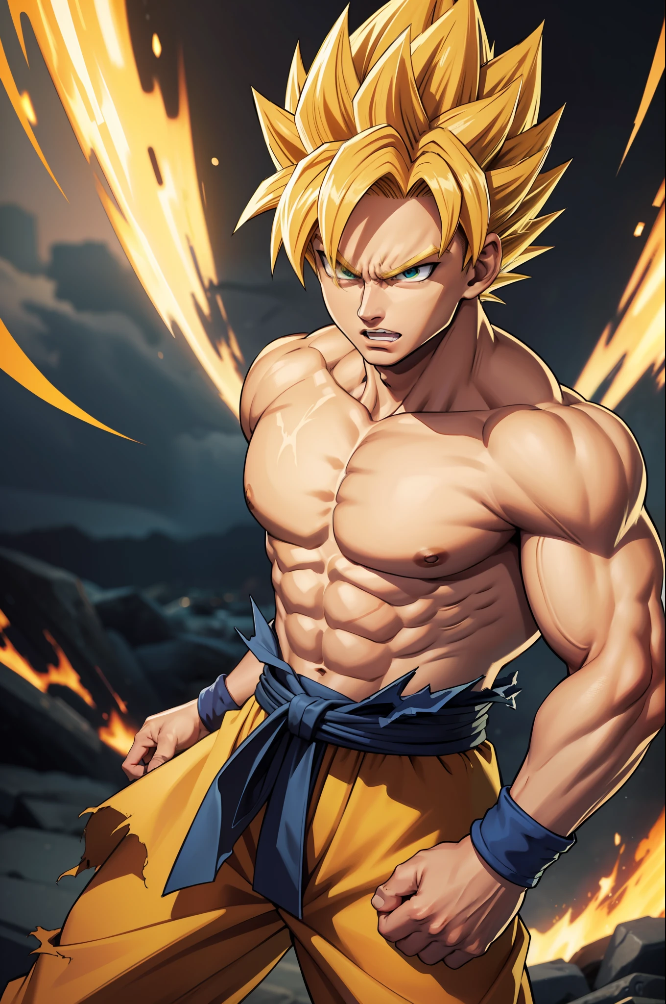 (masterpiece, best quality), intricate details, 8k, artstation, wallpaper, official art, splash art, storm in background, sharp focus, 1boy, (photorealistic:1.2) (bokeh) (best quality) (detailed skin:1.3) (intricate details) (8k) (detailed eyes) (sharp focus) son goku, angry, battle damage, blonde hair, blue sash, clenched teeth, furious, green eyes, male focus, muscular, muscular male, pectorals, sash, solo, spiked hair, super saiyan, super saiyan 1, teeth, topless male, torn clothes, wristband,