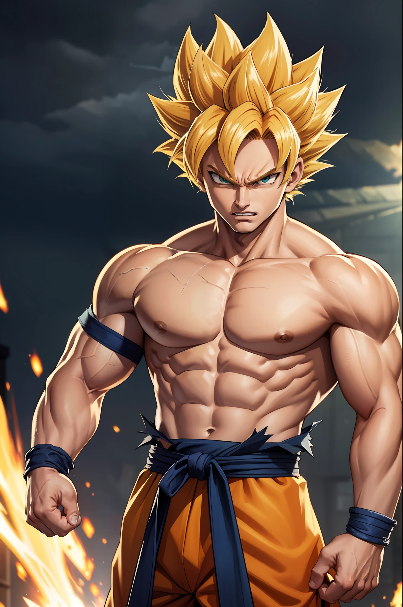 (masterpiece, best quality), intricate details, 8k, artstation, wallpaper, official art, splash art, storm in background, sharp focus, 1boy, (photorealistic:1.2) (bokeh) (best quality) (detailed skin:1.3) (intricate details) (8k) (detailed eyes) (sharp focus) son goku, angry, battle damage, blonde hair, blue sash, clenched teeth, furious, green eyes, male focus, muscular, muscular male, pectorals, sash, solo, spiked hair, super saiyan, super saiyan 1, teeth, topless male, torn clothes, wristband,