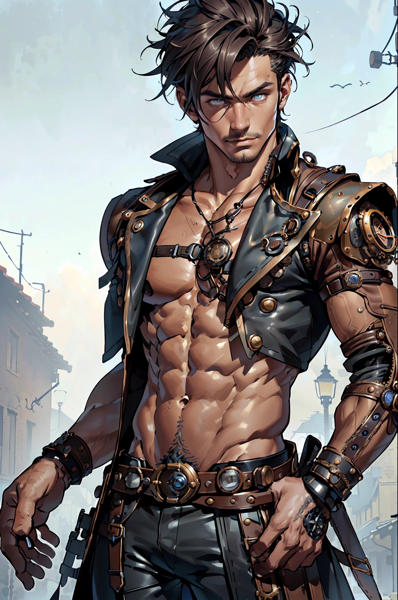 ((((Steampunk Clothing,boy)),(abs, nude chest, athletic anatomy, slim, high resolution, ultra detailed),(best quality, masterpiece: 1.2), photorealistic, ultra high resolution, front lighting, intricate details, exquisite details and textures, vibrant, facial highlight, seductive, (beautiful detailed eyes), (beautifully detailed face), thick and swirling fog, bokeh, science fiction, SC3PT4 style, flying around town during the day, (masterpiece), best quality, highres, 4K, 8K, detailed illustration, amazing quality, ung beautiful man, amazing shading, soft lighting, in front of the camera, perfect eyes,