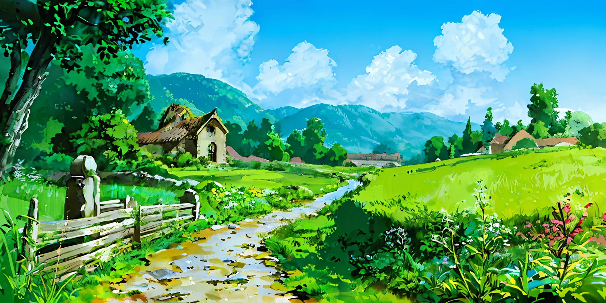(((best quality))),single build,architecture, blue_sky, building,cloudy_sky, day, fantasy, fence, field, house, build,architecture,landscape, moss, outdoors, overgrown, path, river, road, rock, scenery, sky, sword, tower, tree, waterfall ,