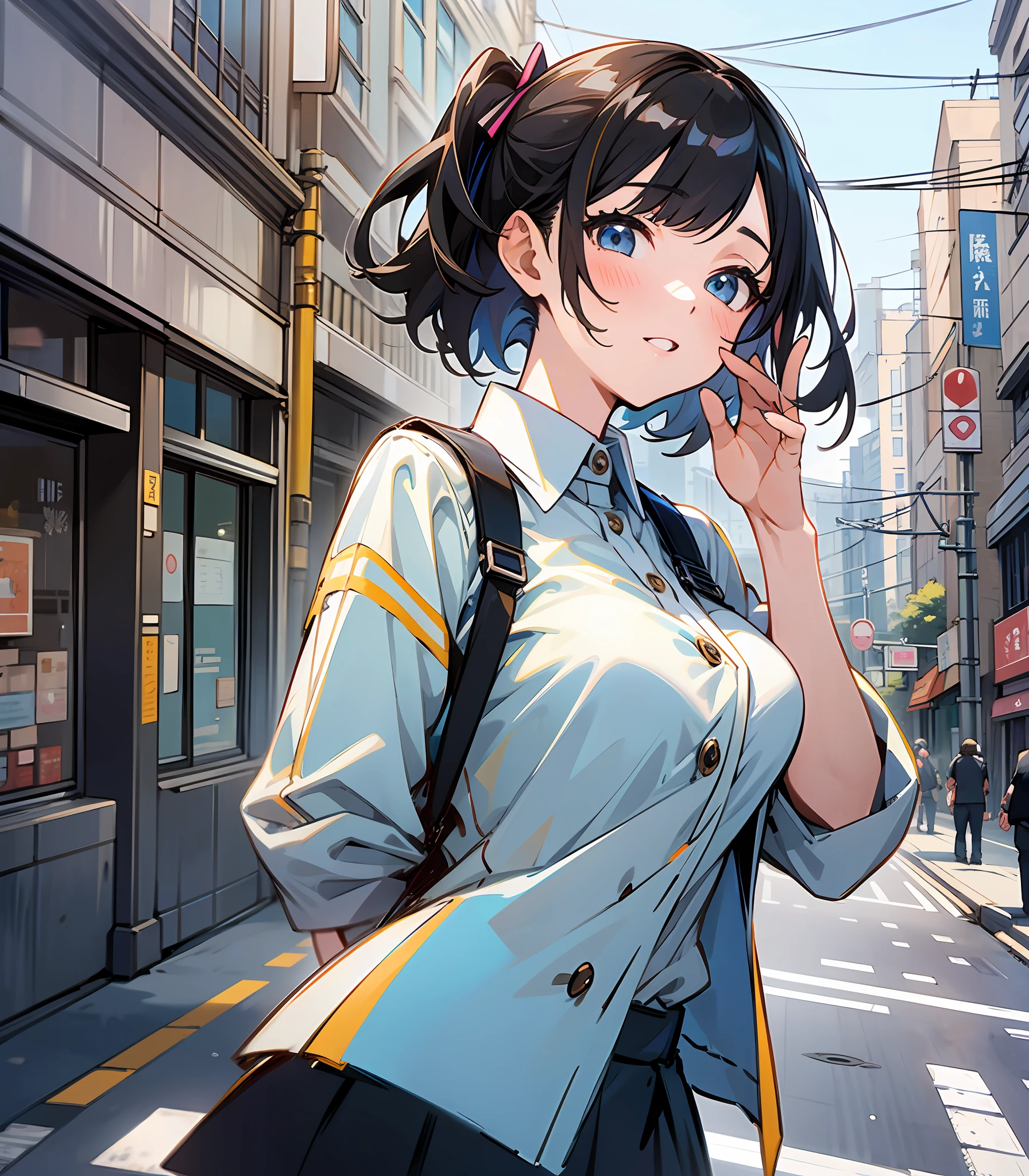 1girl, kitagawa marin, scenery, masterpiece, medium breasts, street, waving, hand with five delicate fingers, exaggerated pose, atdan, --auto --s2