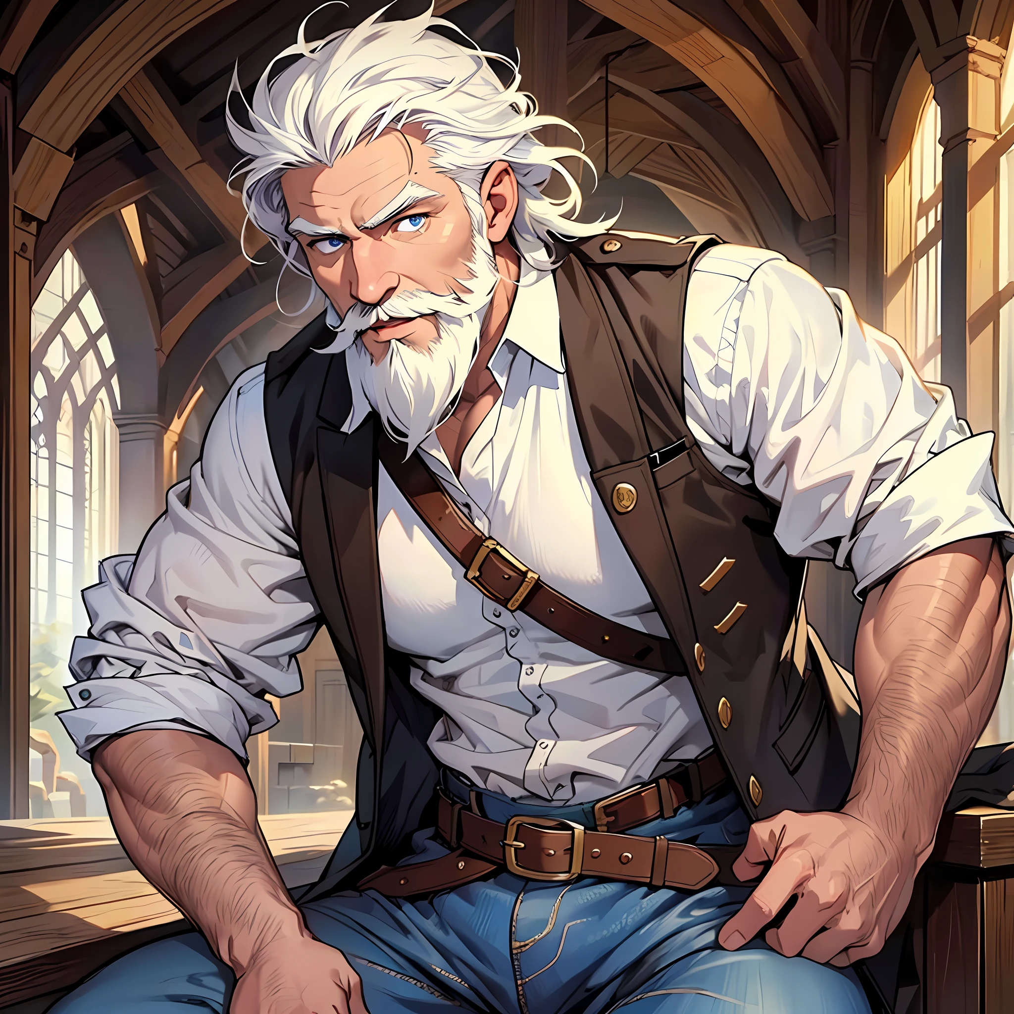 1 Man 32 years old, strong, white hair, white beard and mustache, white shirt, jeans, brown boot, medieval style, masterpiece, best quality, blue eyes.