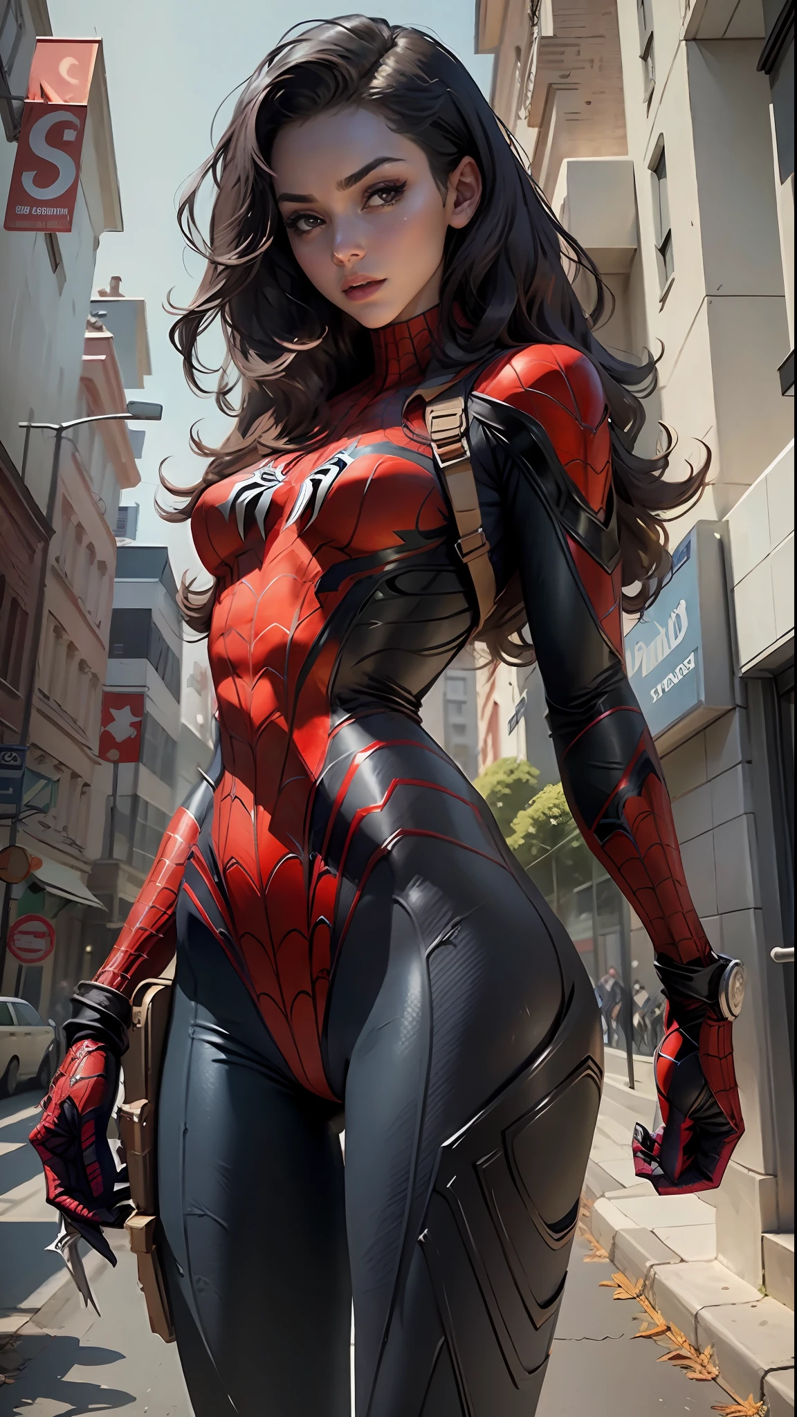 Beautiful woman detailed defined body using spider man cosplay, small breasts