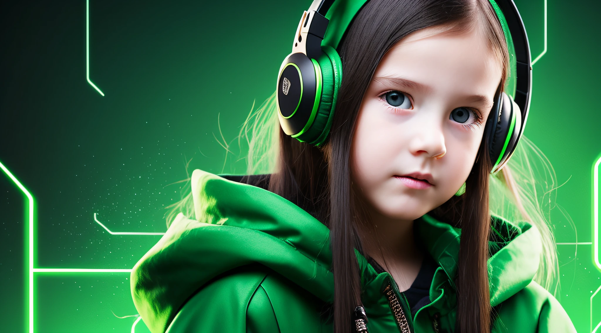 Russian child girl long straight dark hair, put on headphone jack and change into a cyberpunk green coat but do not change the face, green background . --auto --s2