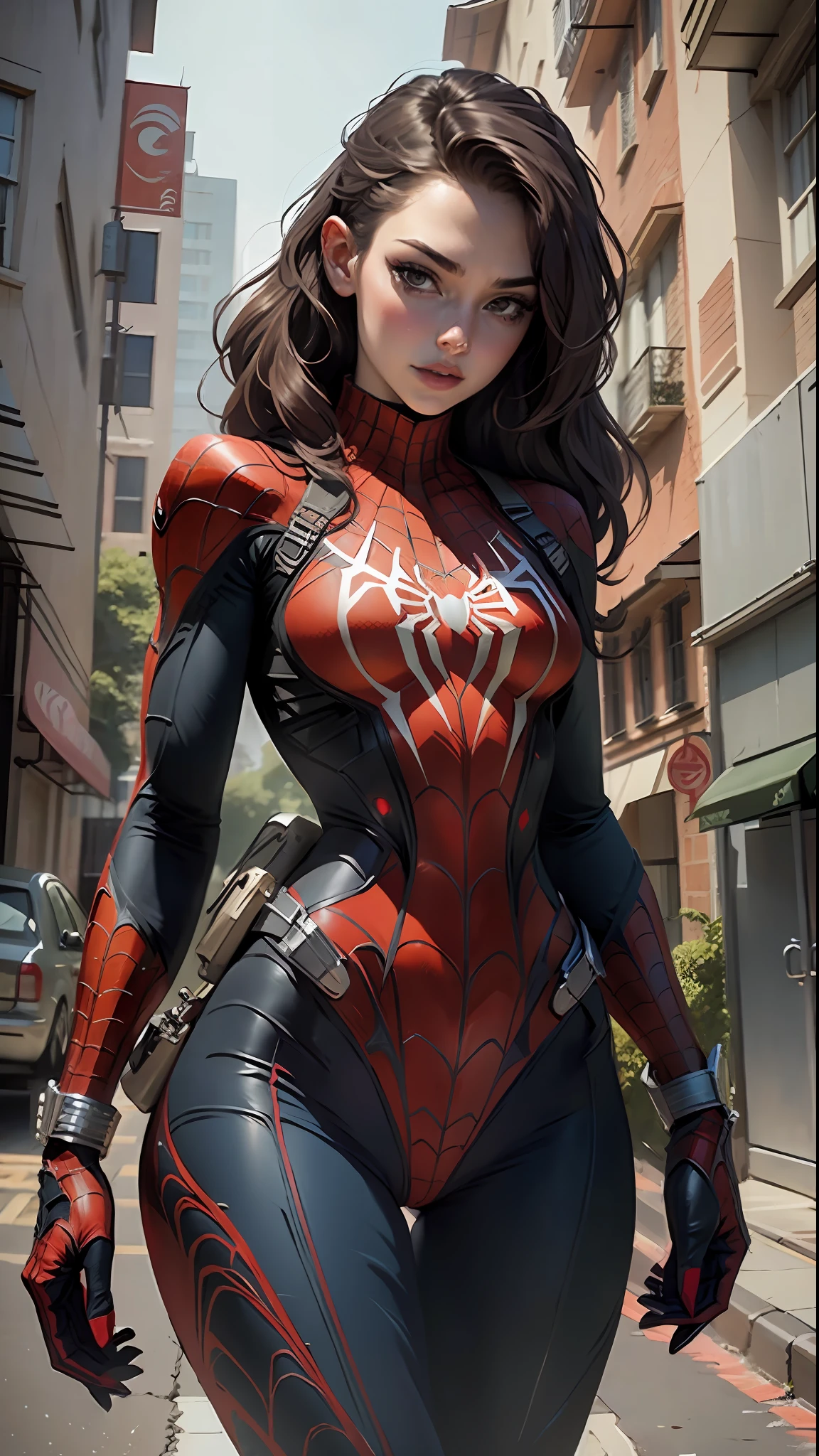 Beautiful woman detailed defined body using spider man cosplay, small breasts