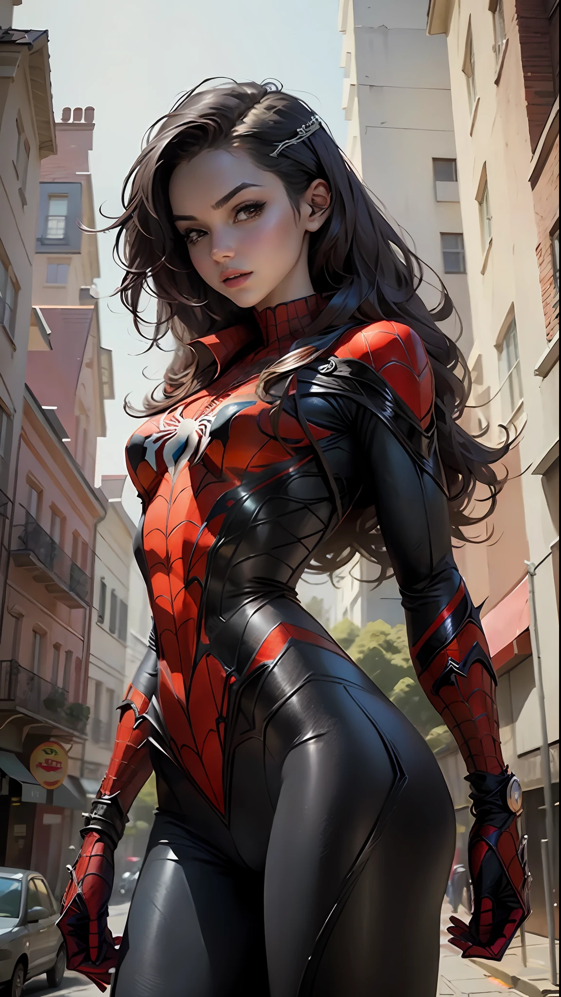 Beautiful woman detailed defined body using spider man cosplay, small breasts