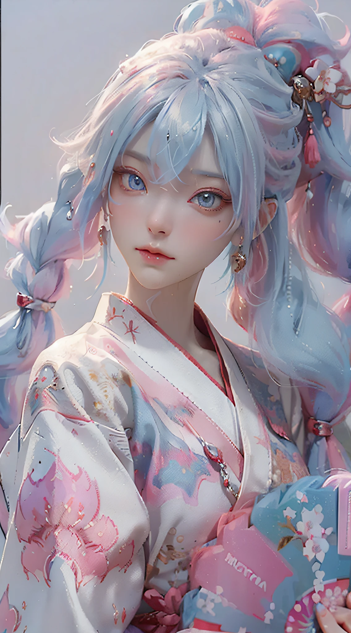 Anime girl with white hair and blue eyes holding a red umbrella, white-haired god, Kusat Krenz key art feminization, Onmyoji detailed art, Onmyoji portrait, Best anime 4K Konachan wallpaper, detailed digital anime art, anime goddess, high detail official artwork, detailed anime art, Onmyoji, portrait of female anime hero, chibi style, li face, high cold beautiful moving, ((((colorful hair))), (((half blue and half pink hair)), (perfect eye painting), bright eyes, Necklace, earrings, delicate mouth, delicate nose, delicate makeup, braid ponytail hair, red lips, (purple eyes). Perfect figure, (streamer girl), yellow t-shirt, delicate tassel, expression, ribbon, shyness, lighting effects, pastel, white background, super clear, hd picture, full body portrait, front, happy, (holding fan), cherry blossom tree,