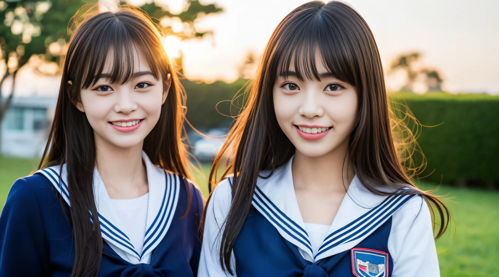 (8k, RAW photos, top quality, masterpieces: 1.2), ultra detailed, super resolution, (realistic, real photos: 1.37), portraits, high resolution RAW color photos, professional photos, very detailed and beautiful, ultra high quality, 8k wallpapers, amazing details, huge file size, very detailed beautiful girls, very detailed faces, very detailed eyes, very realistic skin, very detailed fingers, very detailed nose, Very Detailed Mouth, Perfect ???????, Very Detailed Background, Very Detailed Clothes, Teen, Pretty Girl, Famous Japan Idol, Cute, Realistic Body, Slender, White Skin, Glowing Skin, Slim Body, Long Straight Hair, (Dull Bangs:1.2), Realistic Face, Delicate Eyes, Double Eyelids, Sailor Suit, Schoolgirl Friend Smile Fashionable Uniform Tongue Out Good Friends Hair Fluttering in the Wind Nogizaka46 Full Body　Miniskirt After School Beautiful Sunset
