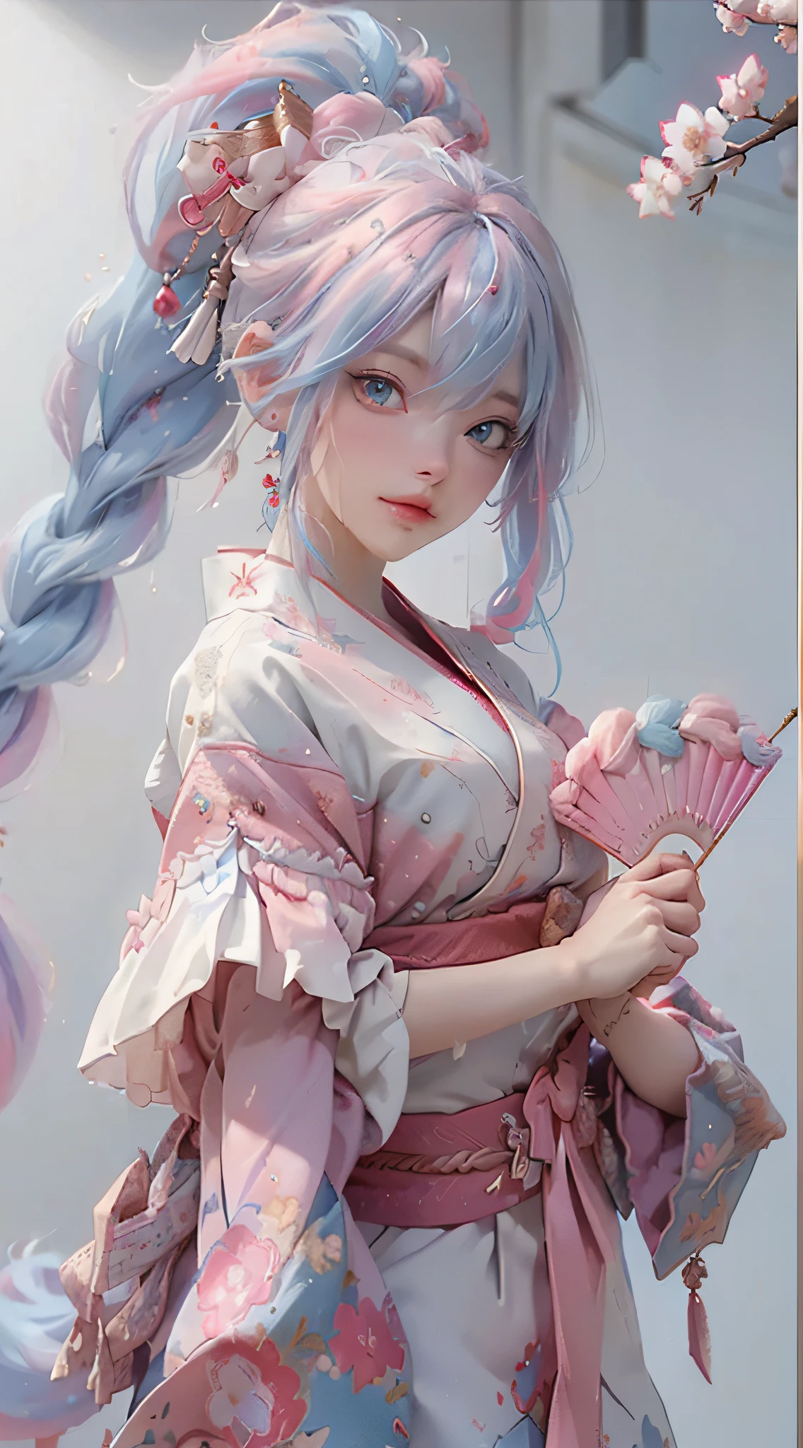 Anime girl with white hair and blue eyes holding a red umbrella, white-haired god, Kusat Krenz key art feminization, Onmyoji detailed art, Onmyoji portrait, Best anime 4K Konachan wallpaper, detailed digital anime art, anime goddess, high detail official artwork, detailed anime art, Onmyoji, portrait of female anime hero, chibi style, loli face, high cold beautiful moving, ((((colorful hair))), (((half blue and half pink hair)), (perfect eye painting), bright eyes, Necklace, earrings, delicate mouth, delicate nose, delicate makeup, braid ponytail hair, red lips, (purple eyes). Perfect figure, (streamer girl), yellow t-shirt, delicate tassel, expression, ribbon, shyness, lighting effects, pastel, white background, super clear, hd picture, full body portrait, front, happy, (holding fan), cherry blossom tree,