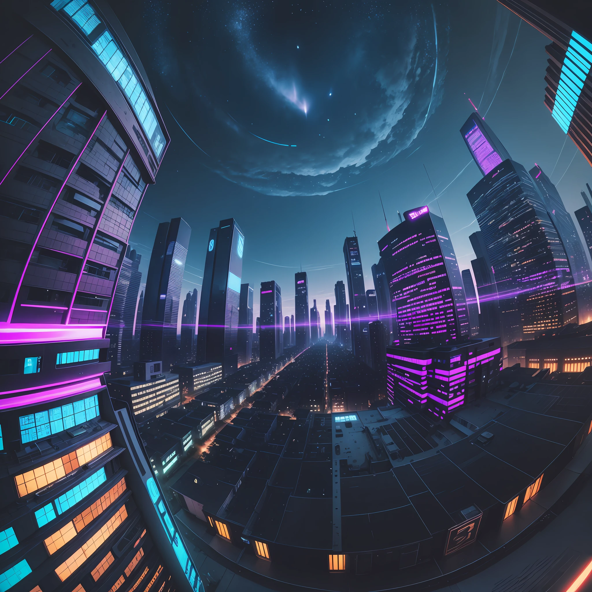 A cyberpunk-style night city, Tall houses, the night sky, flying cars from the future. Fisheye camera effect 360 degree view. A large field of view of the object. :: backlight::1 glowing::1 DSLR::1 defocus::-0.5 --v 4 --quality 2 --auto --s2