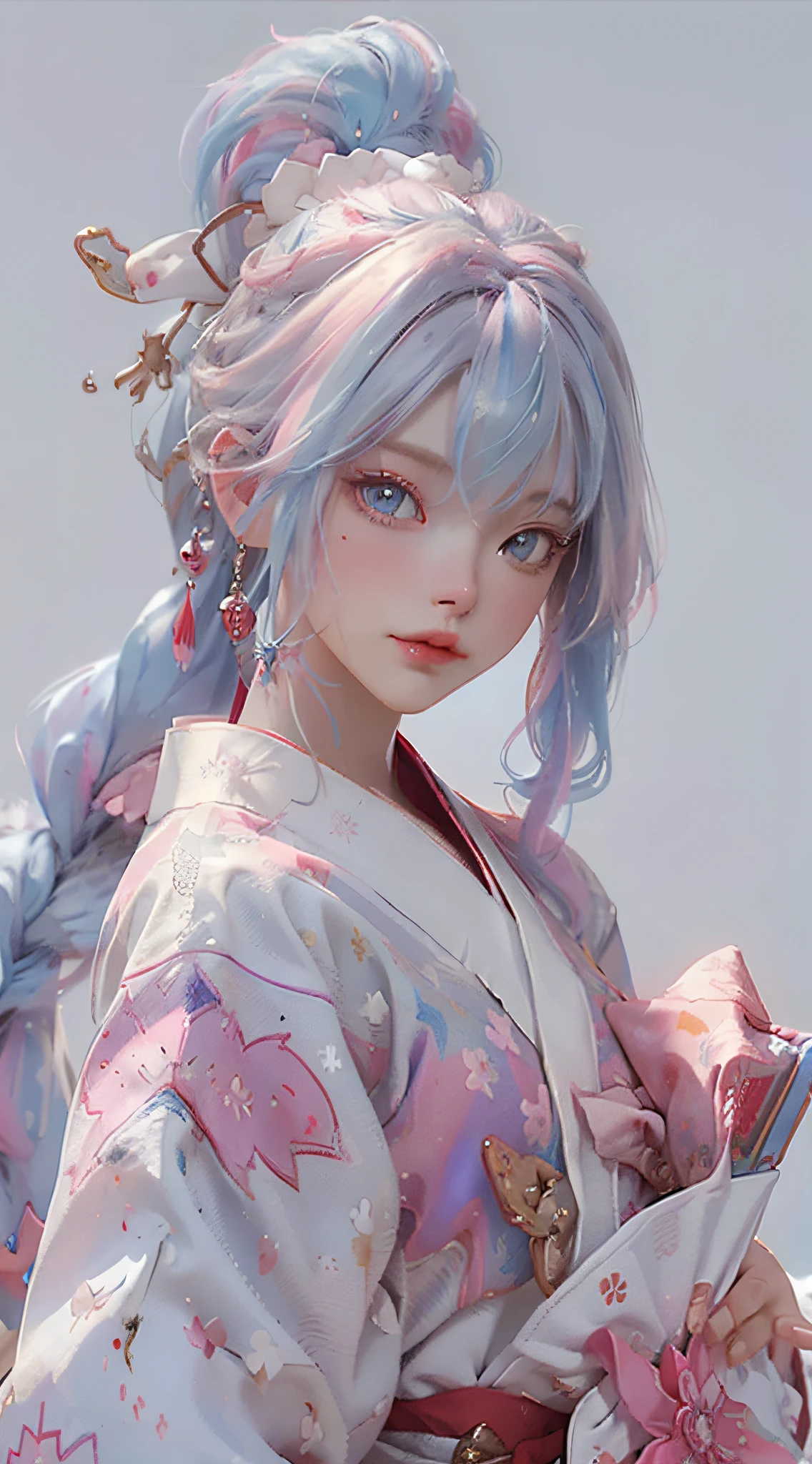 Anime girl with white hair and blue eyes holding a red umbrella, white-haired god, Kusat Krenz key art feminization, Onmyoji detailed art, Onmyoji portrait, Best anime 4K Konachan wallpaper, detailed digital anime art, anime goddess, high detail official artwork, detailed anime art, Onmyoji, portrait of female anime hero, chibi style, loli face, high cold beautiful moving, ((((colorful hair))), (((half blue and half pink hair)), (perfect eye painting), bright eyes, Necklace, earrings, delicate mouth, delicate nose, delicate makeup, braid ponytail hair, red lips, (purple eyes). Perfect figure, (streamer girl), yellow t-shirt, delicate tassel, expression, ribbon, shyness, lighting effects, pastel, white background, super clear, hd picture, full body portrait, front, happy, (holding fan), cherry blossom tree,