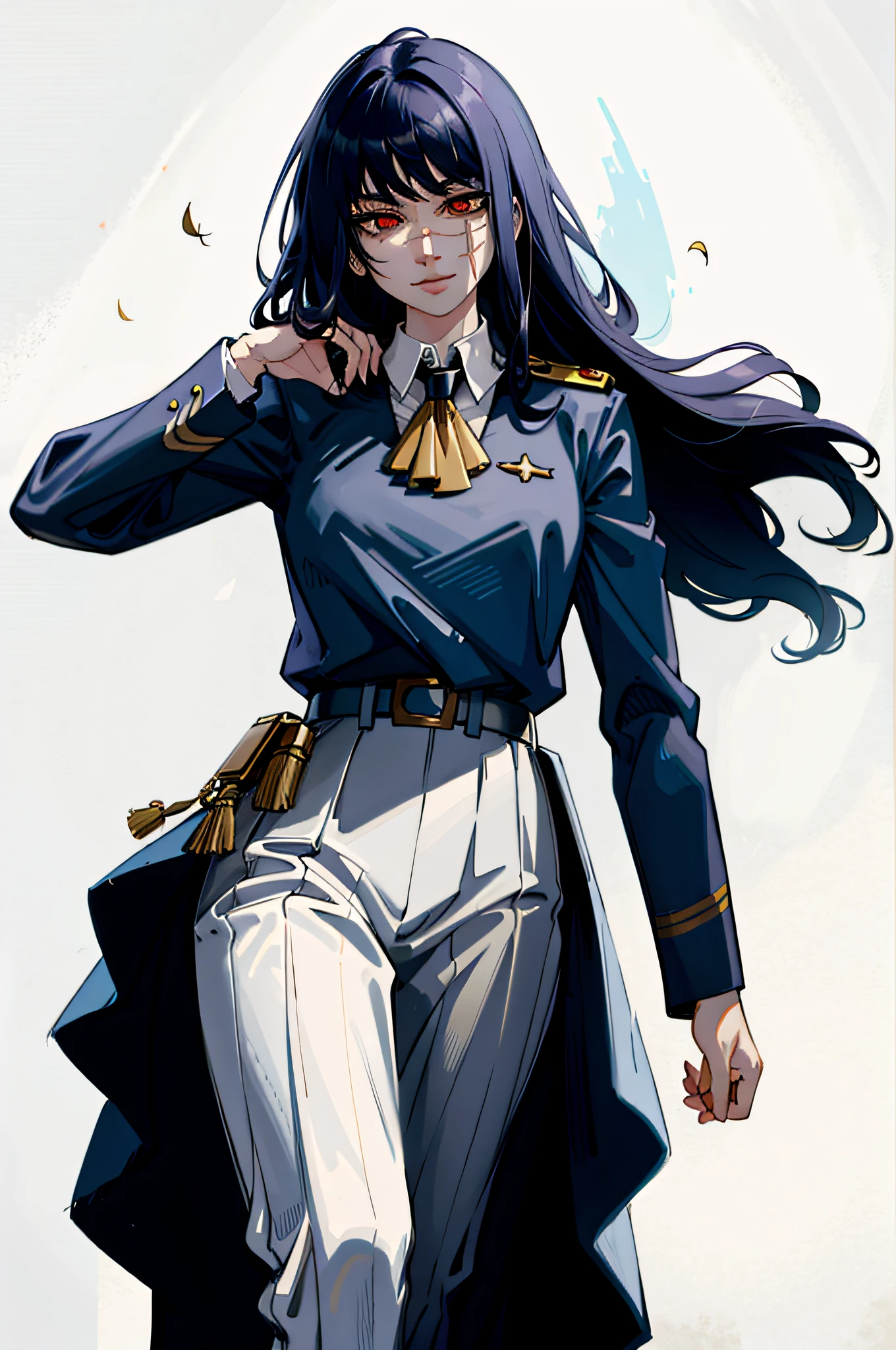(masterpiece, best quality), Yoru, 1girl, long hair, red eyes, scar on face, ringed eyes, military uniform, war medals, smile, white background, facing the viewer, (wallpaper), (8K HD),