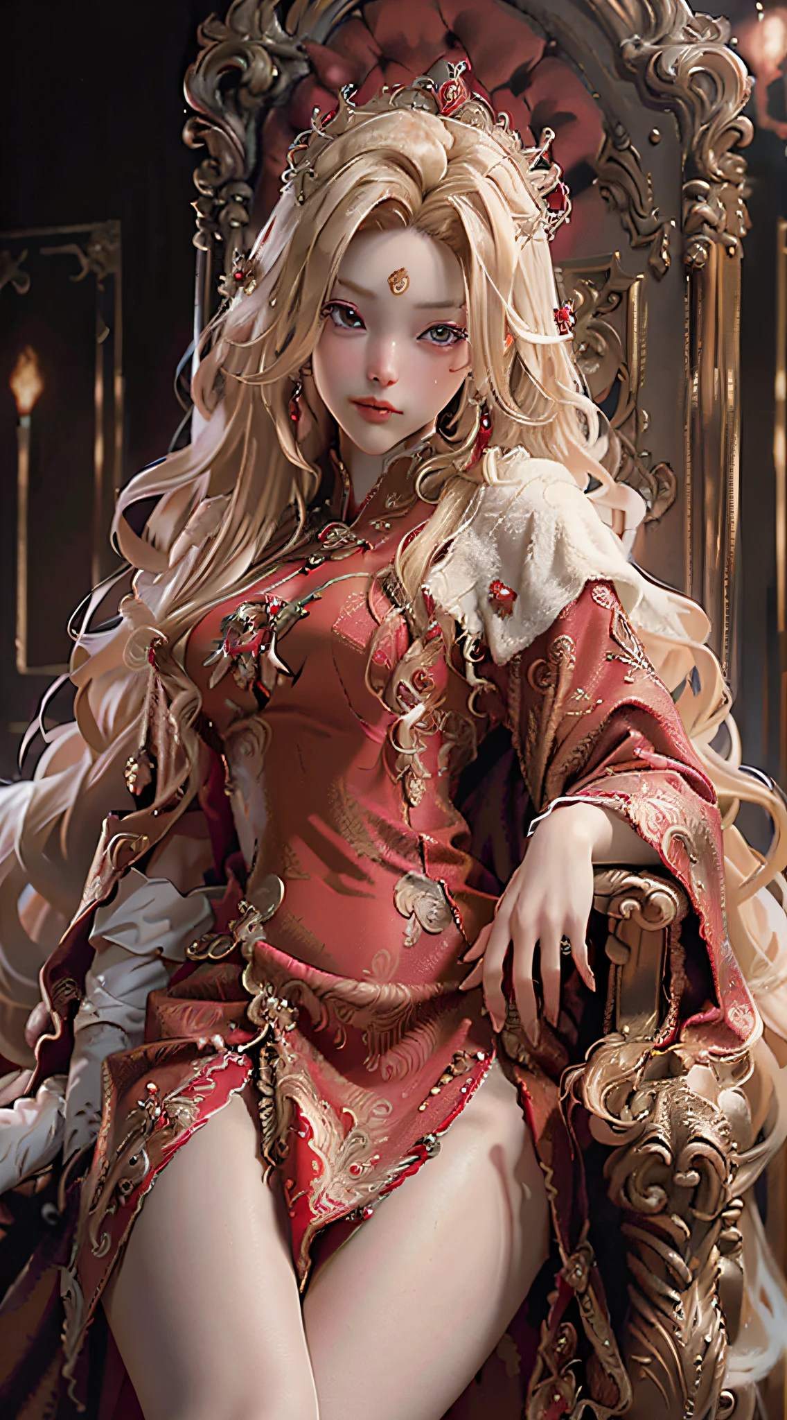 Masterpiece, realistic, realistic: extremely complex, realistic, extremely complex, 1girl, (blonde), crown, red robe, baroque black dress, red cloak, white, cape: fur trim, covering, fur cloak, queen's cloak, forehead, sitting, red eyes, corset, bridal gloves, throne,