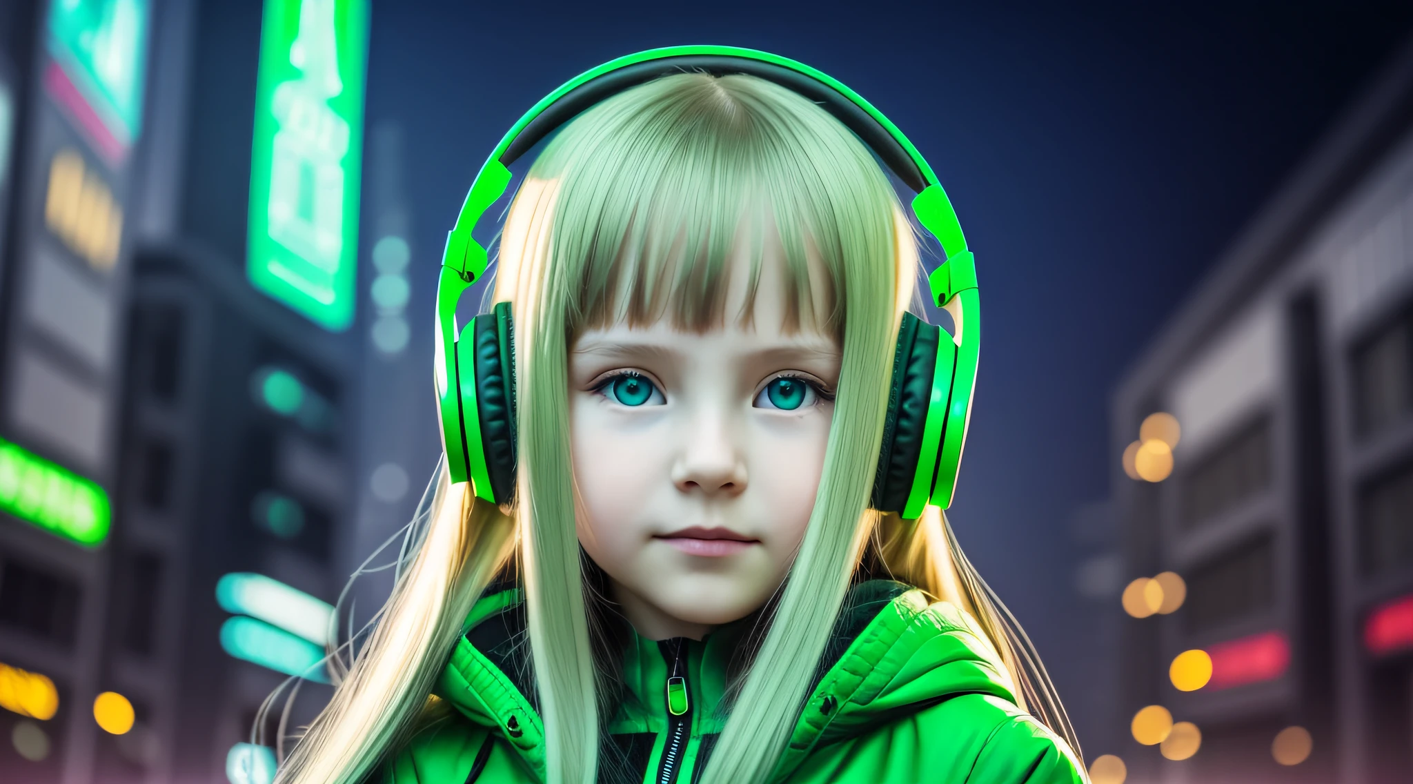 Russian child girl long straight blonde hair, put on headphone jack and change into a cyberpunk green coat but don't change the face, green background. --auto --s2