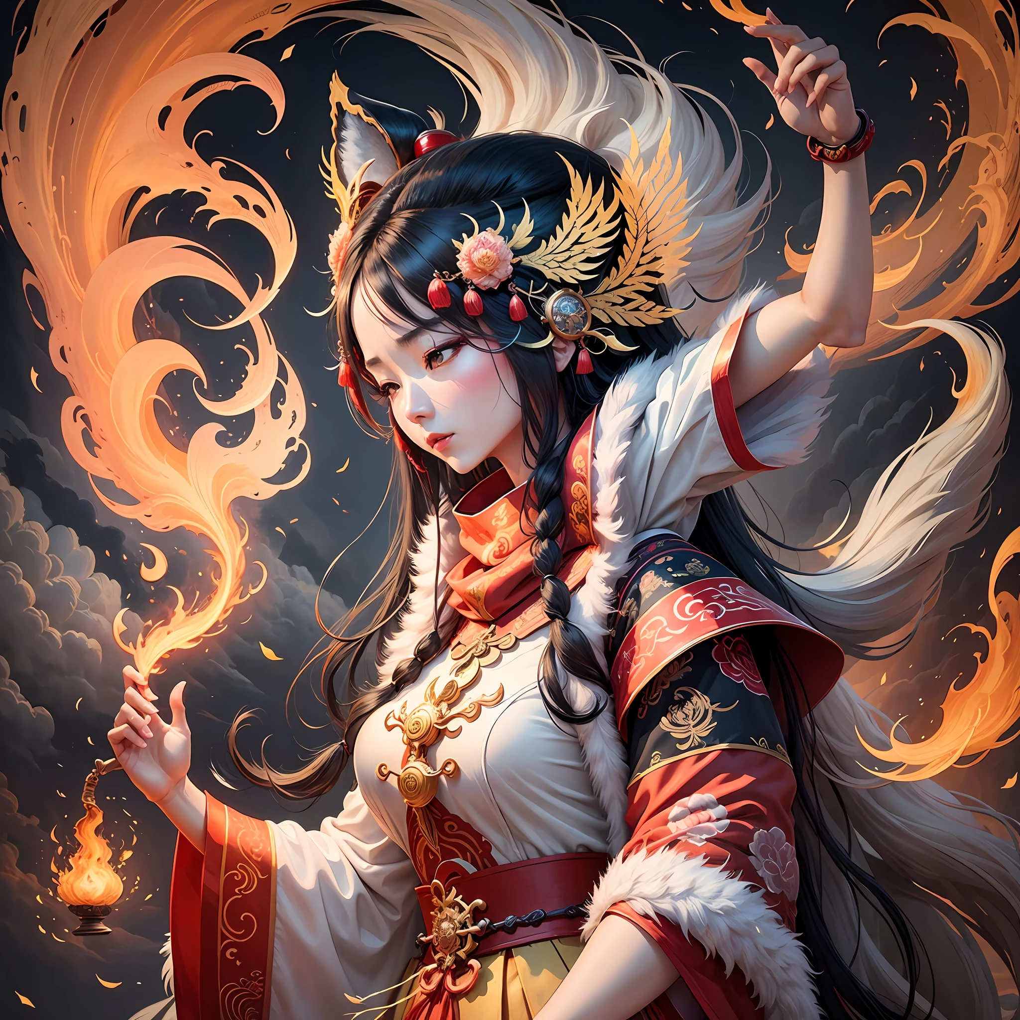 chinese mythology, killin, fire, chinese painting, walking in the sky with cloud, kirin, guan yin in the picture watching the killin from above, have enlightment effect --auto --s2