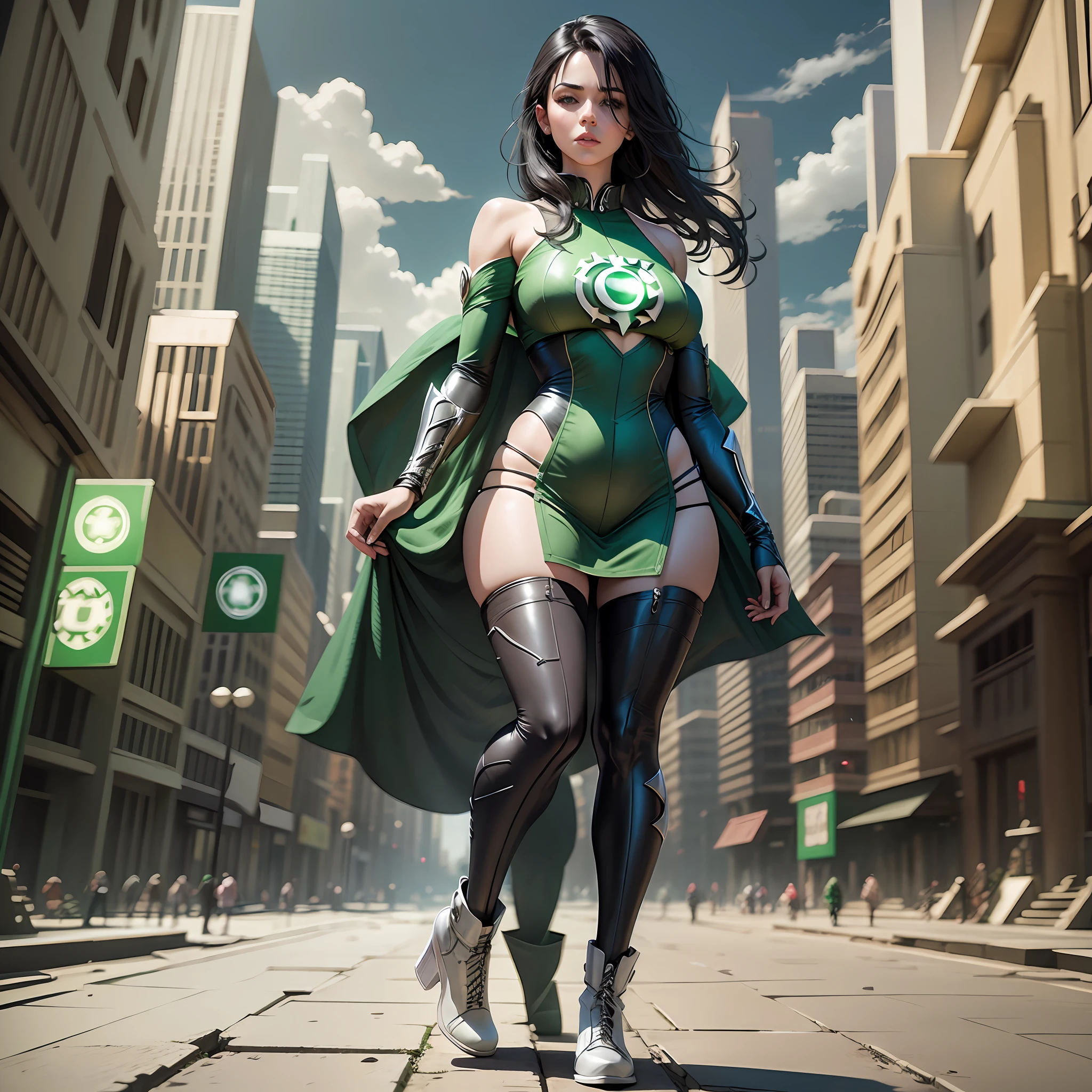 White woman full body black hair sexe wearing green lantern outfit in a realistic image city --auto --s2