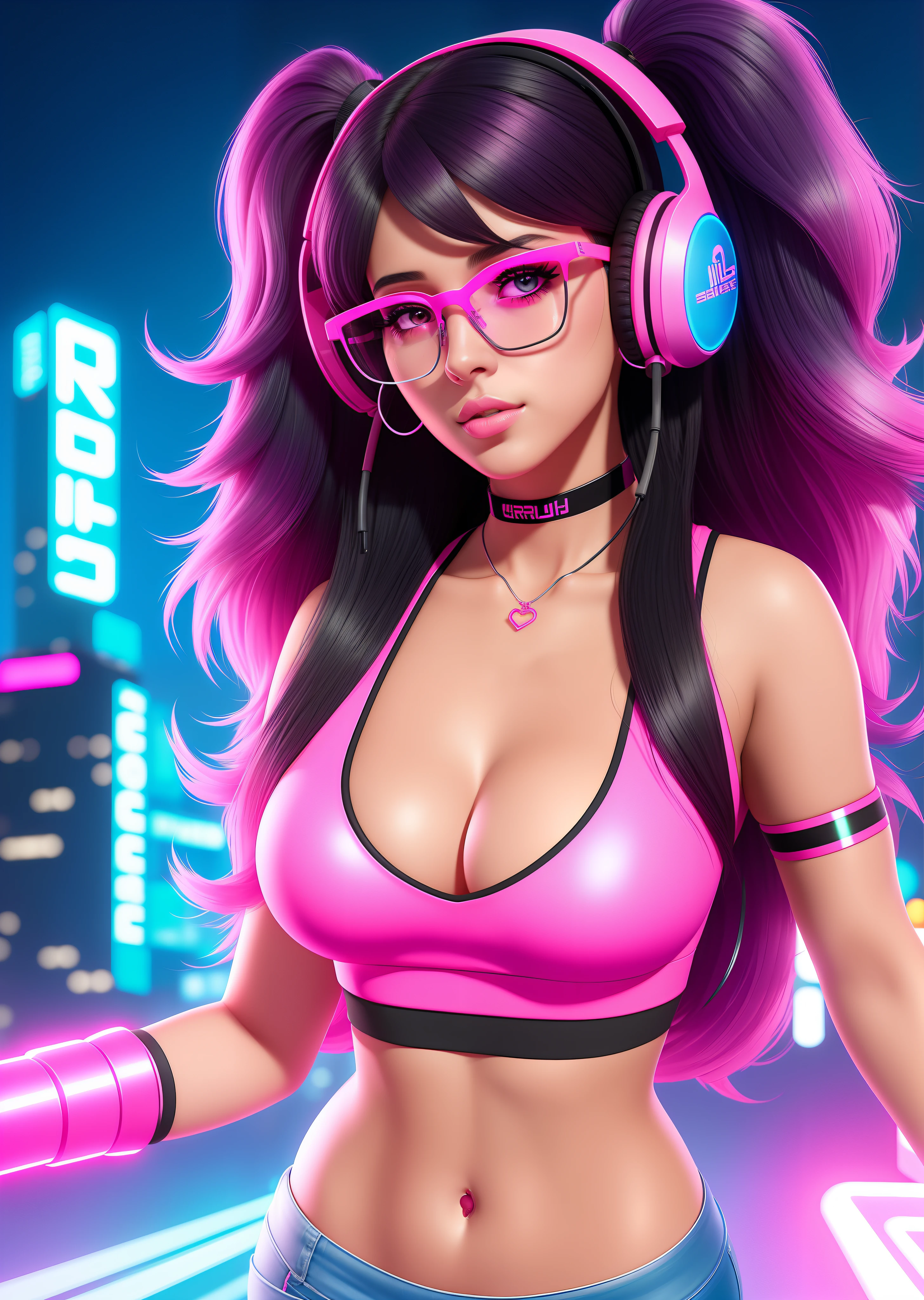 girl with stunning 3D resolution 12K character in [gritty Aerob] style, big breasts, pink top, big earrings, makeup, neon headphones, big dark neon glasses, long black hair, chibi in detailed (full body), background city, highly detailed, bright, ultra high quality, Hyperrealism, Photorealism, [octane render].