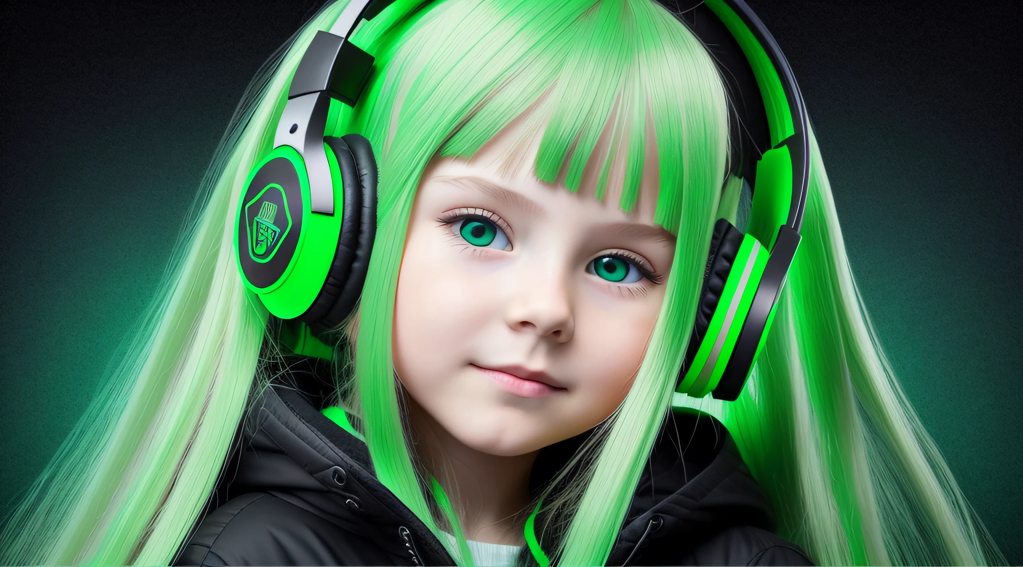 Russian child girl long straight blonde hair, put on headphone jack and change into a cyberpunk green coat but don't change the face, green background. --auto --s2