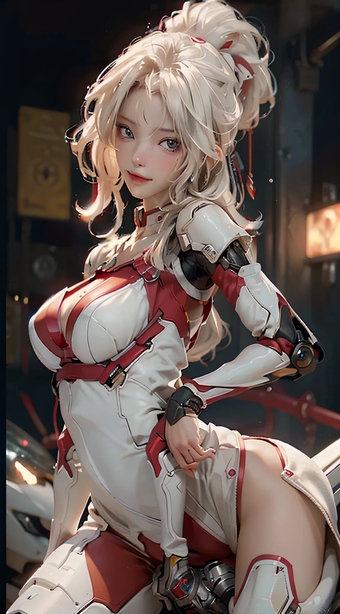 Highest quality, outstanding detail, super high resolution, (fidelity: 1.4), best illustration, favor details, close-up, a mecha girl with a delicate and beautiful face, ((red and white semi-mechanical body: 1.8)), (big breast: 1.2), sexy, belly button, cleavage, riding on a motorcycle, cyberpunk, futuristic, mechanical aesthetics, complex machinery, background is a high-tech lighting scene of the futuristic city, virtual engine 5, perfect detail rendering, octane rendering, ultra HD