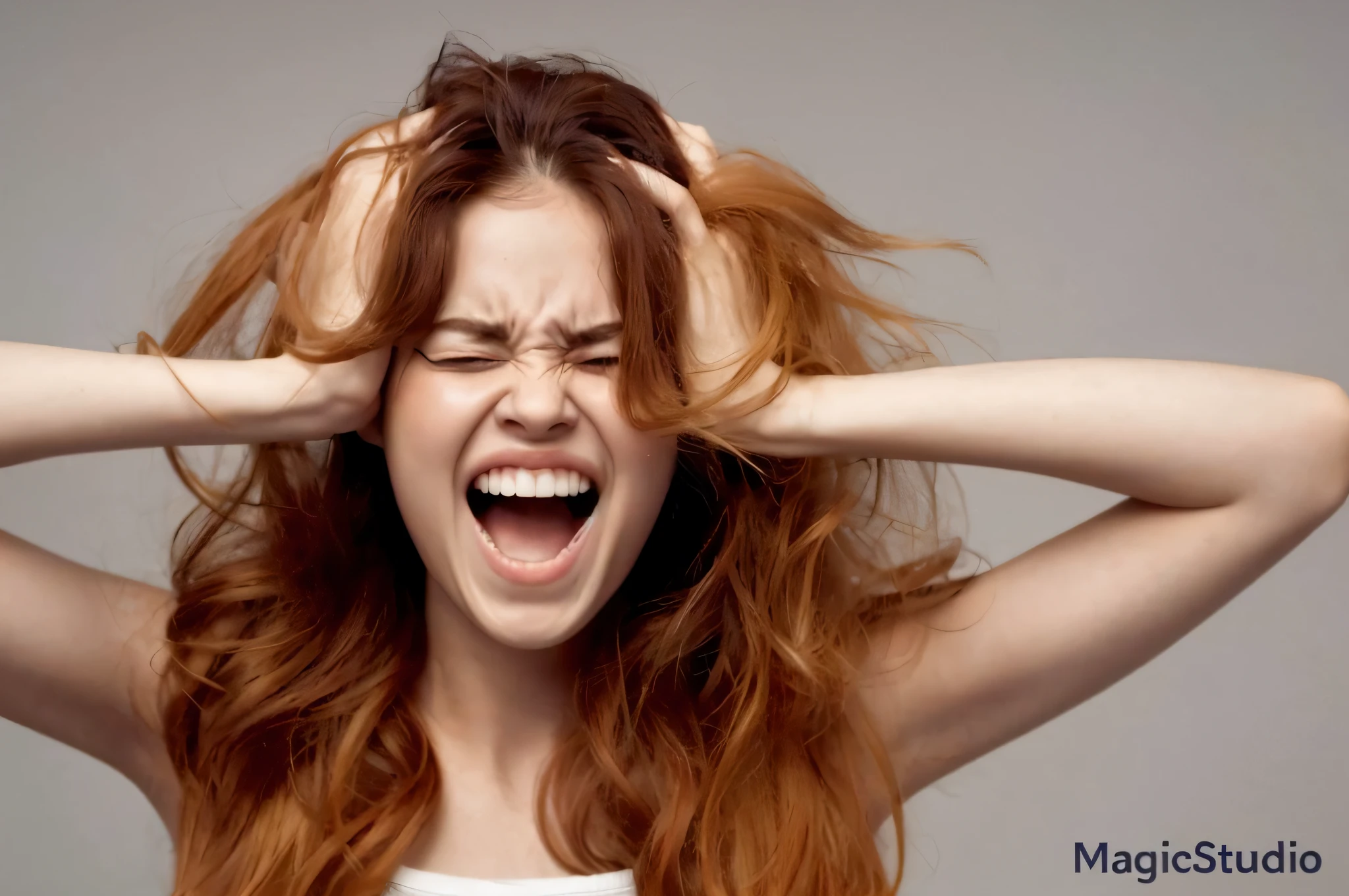 Woman with blonde hair holding her head in front of her face, frustrated expression, stressed expression, frustrated face, screaming in pain, intense expression screaming, messy hair headboard, screaming model face, angry young woman, screaming in agony, crazy expression, curly hair, very intense, she has messy hair, expressing strong emotions, very tired woman