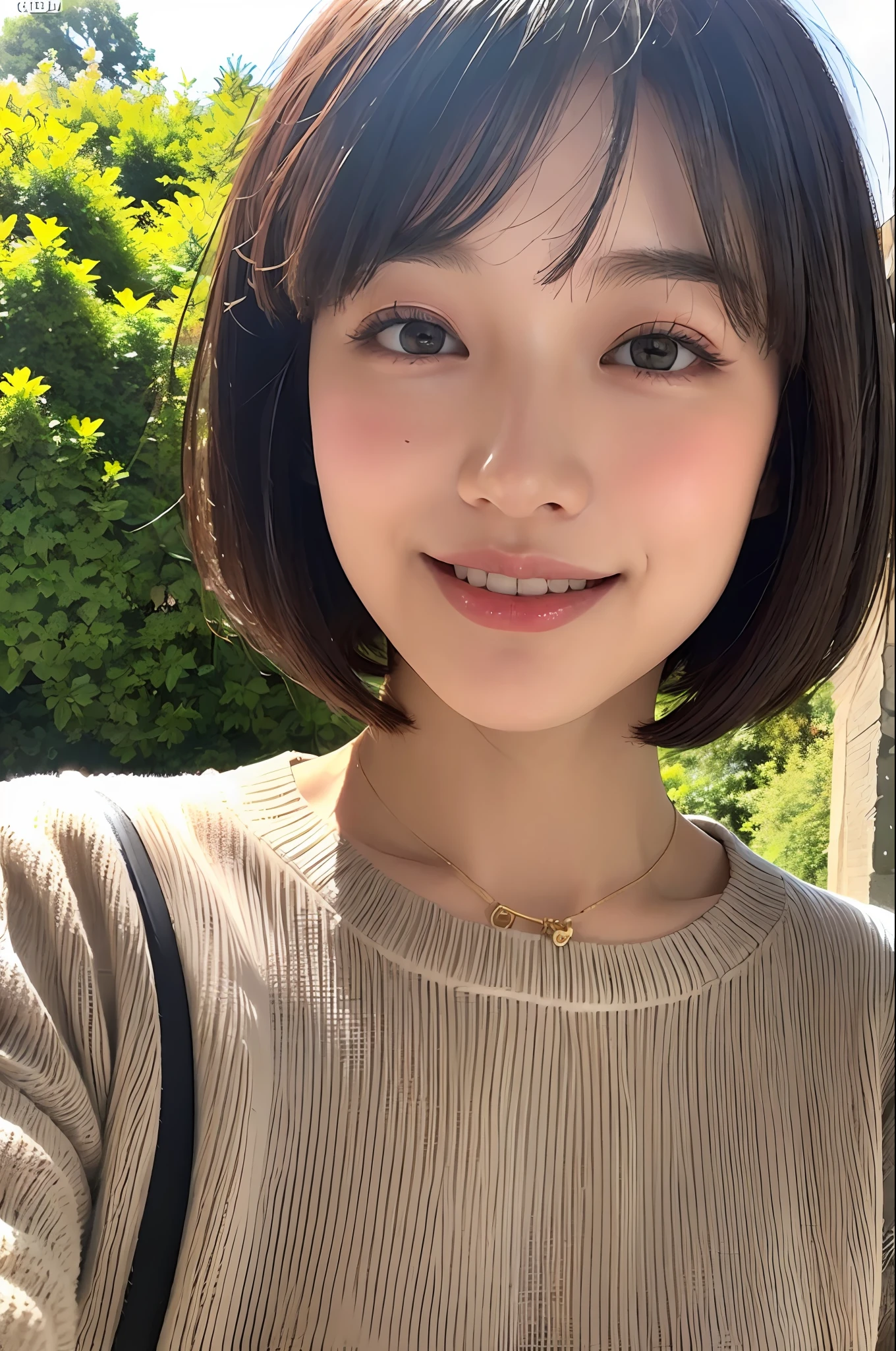 Top Quality, Masterpiece, Ultra High Resolution, (Photorealistic: 1.4), Diagonal Sideways, 1 Girl, Dark Brown Short Hair, (Bobobs Bobcut: 1.4, Bangs, Patsun), Smile, Glossy Skin, Dramatic Lighting, Neat, T-Shirt, White Summer Sweater, (Big: 0.9), Park