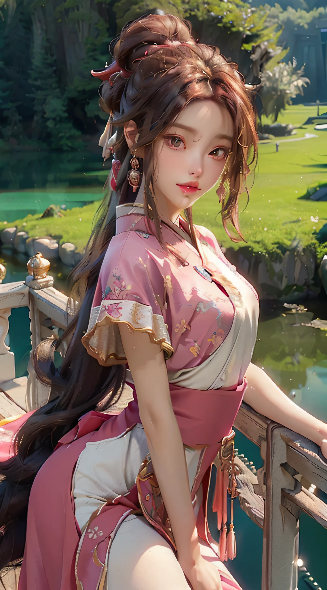 (Best Quality: 1.3, Masterpiece: 1.3), Ultra HD, (1girl, solo), atmospheric perspective, fine face, upper body, makeup, pink lips, cleft lips, shiny skin, (brown hair), extra long hair, looking in front of the audience, red eyes, earrings, small breasts, slim figure, (white silk), (((East Asian architecture, riverside, beautiful background))), perfect lighting, (frontal lighting), physical base rendering,