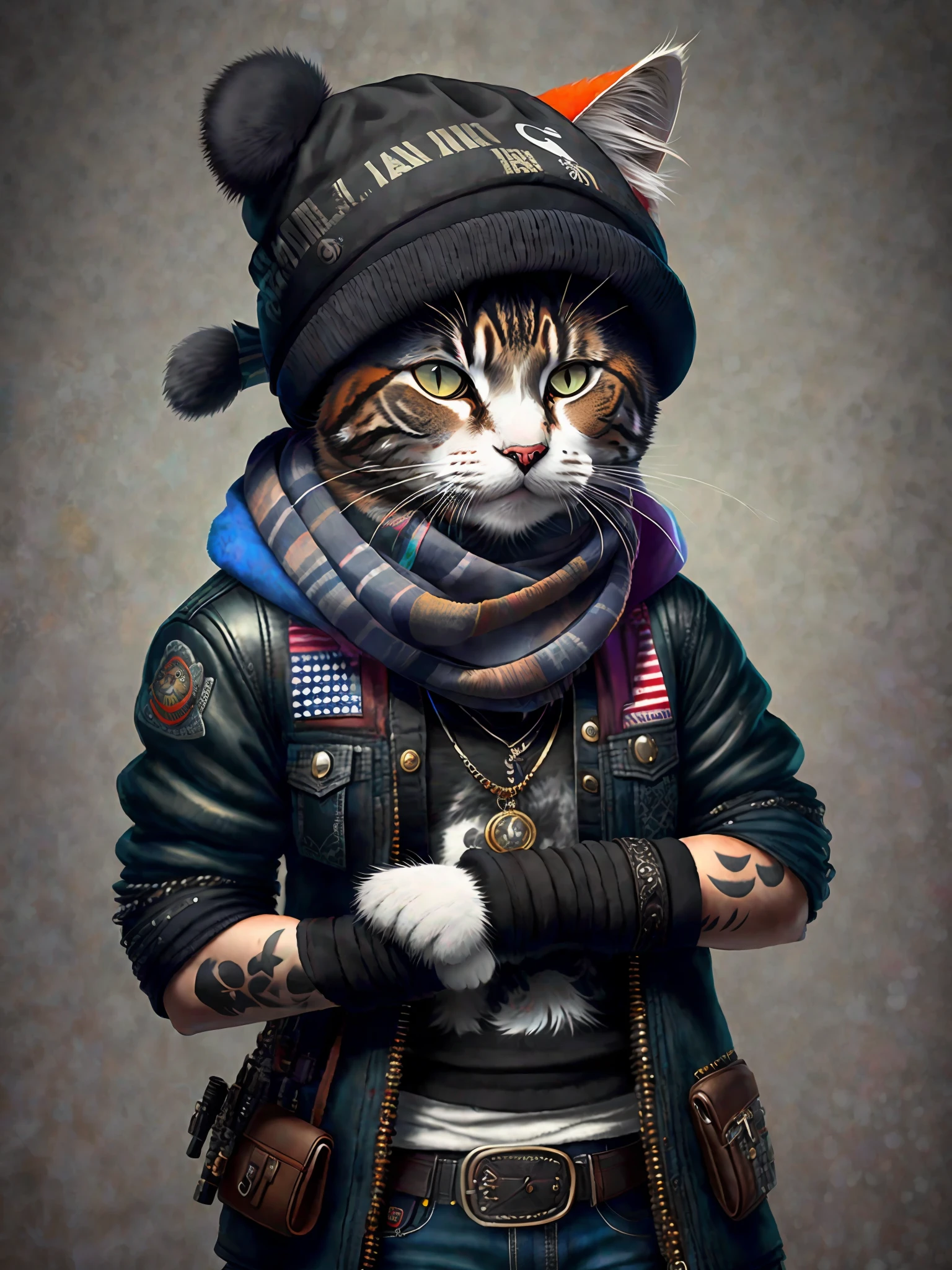 picture of a cat in a hat and scarf, art station trend, dressed in punk clothes, hyper realistic detailed rendering, british gang member, urban style, intimidating pose, planet of cats, fashion clothes, urban samurai, meow, west slavic traits, 8 1 5