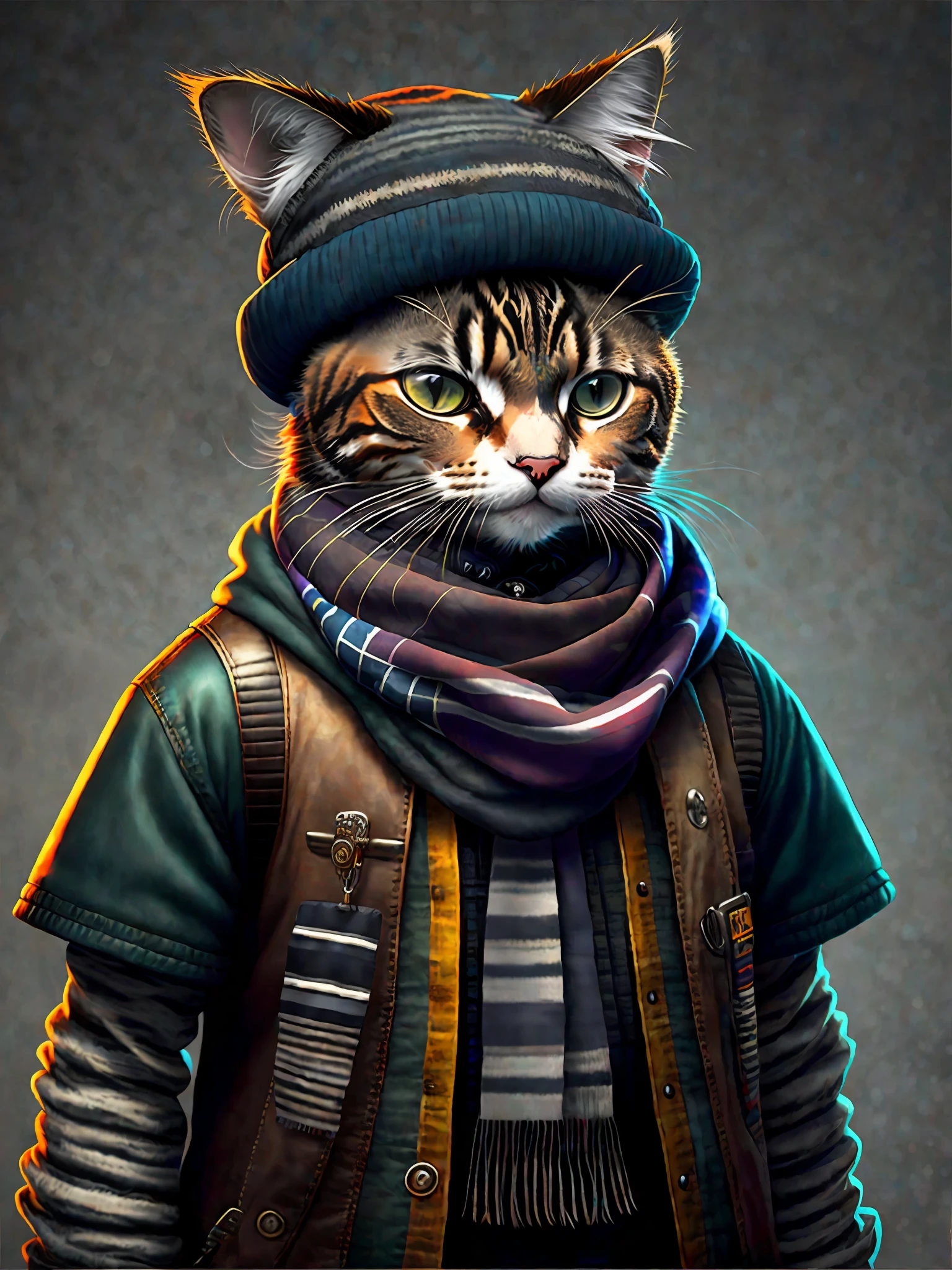 picture of a cat in a hat and scarf, art station trend, dressed in punk clothes, hyper realistic detailed rendering, british gang member, urban style, intimidating pose, planet of cats, fashion clothes, urban samurai, meow, west slavic traits, 8 1 5