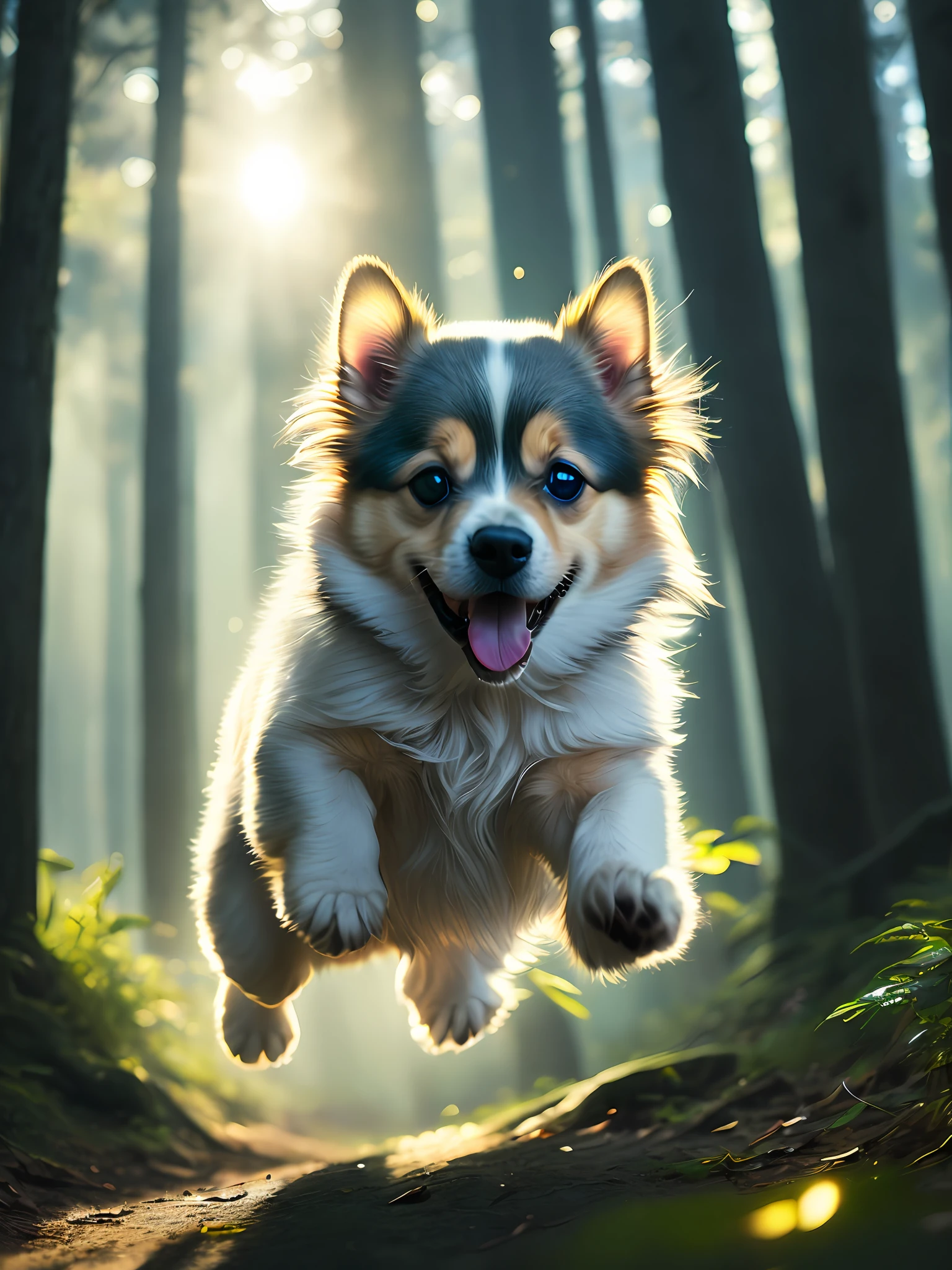 close up photo of a very cute jumping puppy in the forest, soft volumetric lights, (backlit:1.3), (cinematic:1.2), intricate details, (ArtStation:1.3), Rutkowski