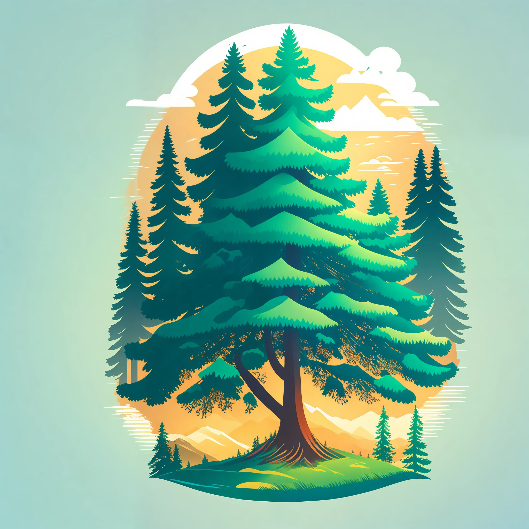 A spruce tree in spring landscape, t-shirt design, rzminjourney, vector art