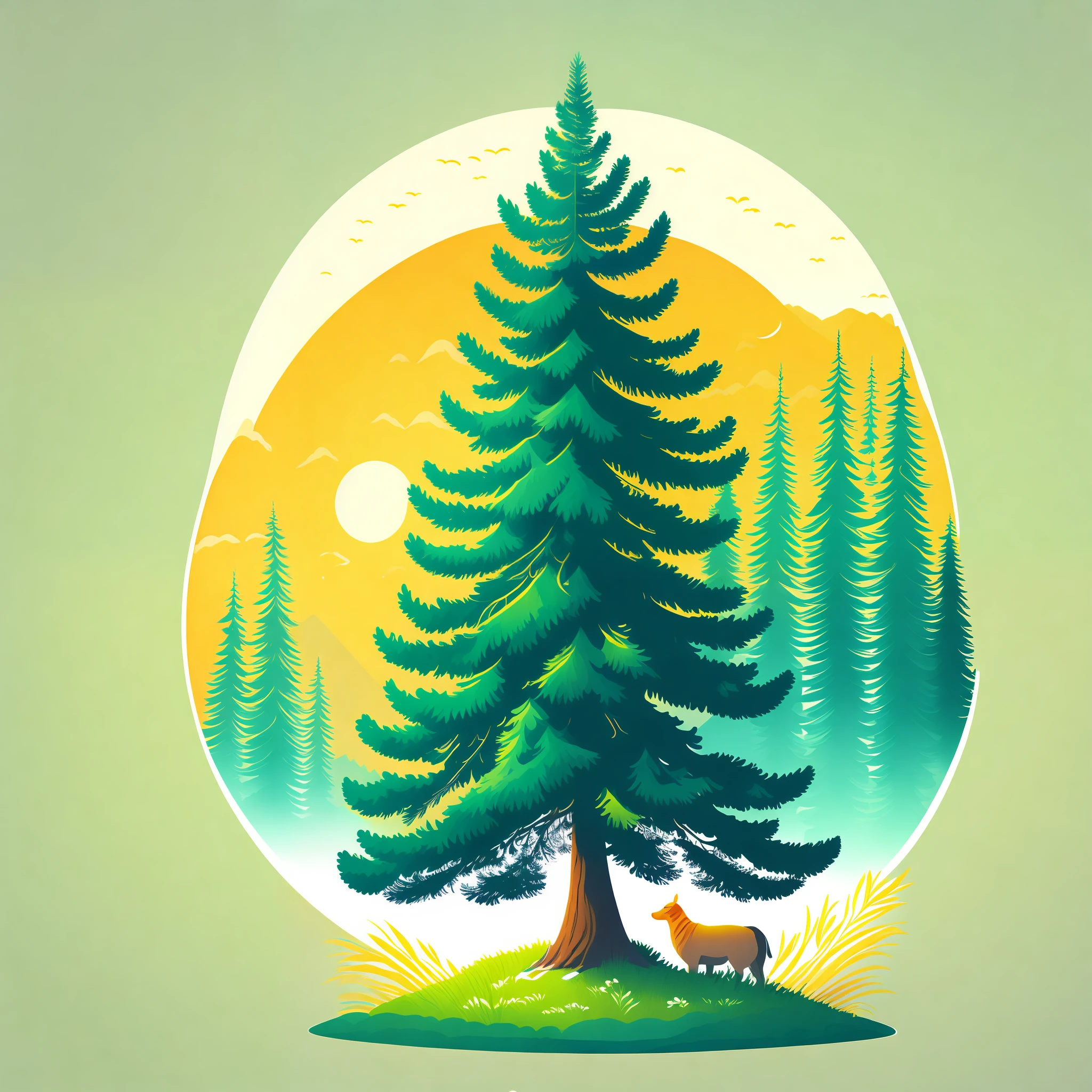 A spruce tree in summer landscape, t-shirt design, rzminjourney, vector art