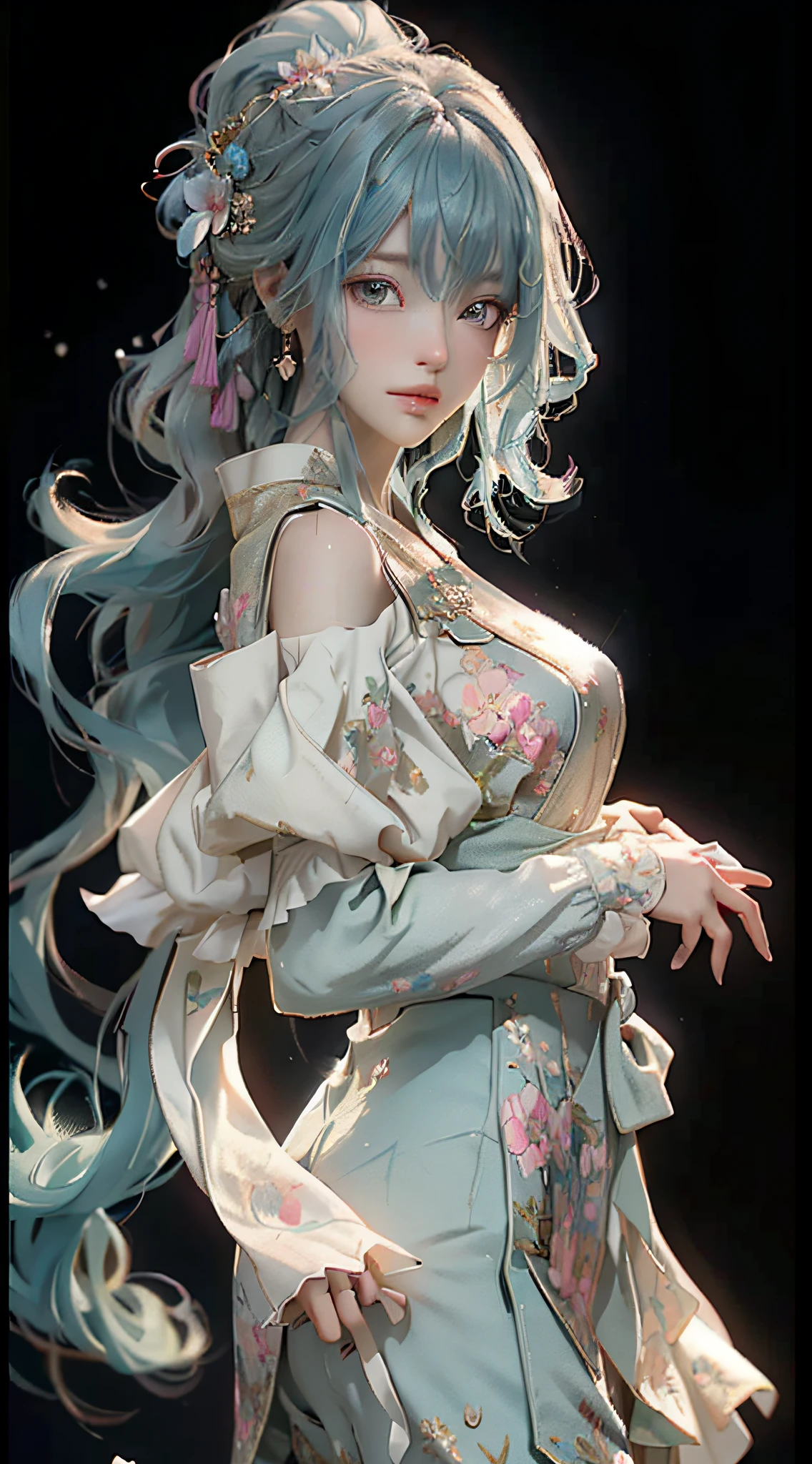 (masterpiece), (best quality), (ultra detailed),(disheveled hair),(illustration), (1girl), (Fashionable clothing), standing, Fashion model, looking at viewer, (interview), (simple background),beautiful detailed eyes, delicate beautiful face, Floating,(high saturation),(colorful splashes),colorful bubble,(shining), focus on face, kamisato ayaka, light blue hair, bangs, hair ring, floating flowers, floating hairs.Girl, anime waifu, looking at viewer, highlydetailed, reflections transparent iridescent colors, long transparent iridescent RGB hair, artby Serafleur from artstation, thick acrylic,illustration on pixiv, waist up portrait, gorgeoussacred girl, best quality, ultra detailed,sad,clever,beautiful face , beautiful lighton black background, Character stvle renderedby Octane,