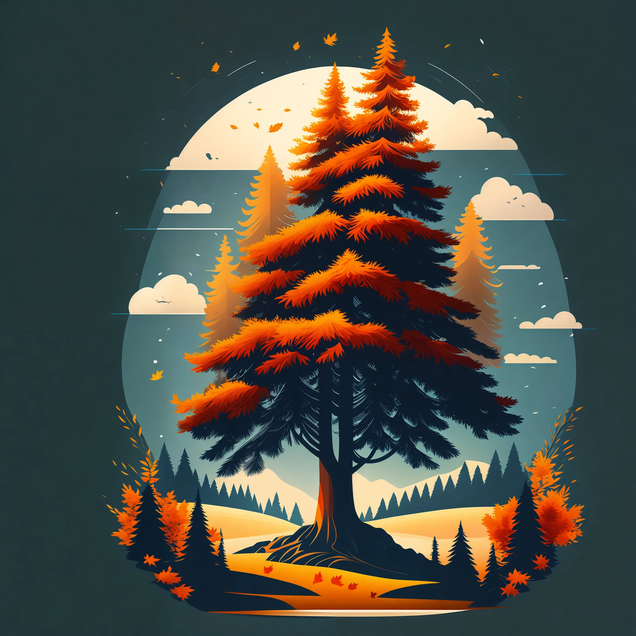 A spruce tree in autumn landscape, t-shirt design, rzminjourney, vector art