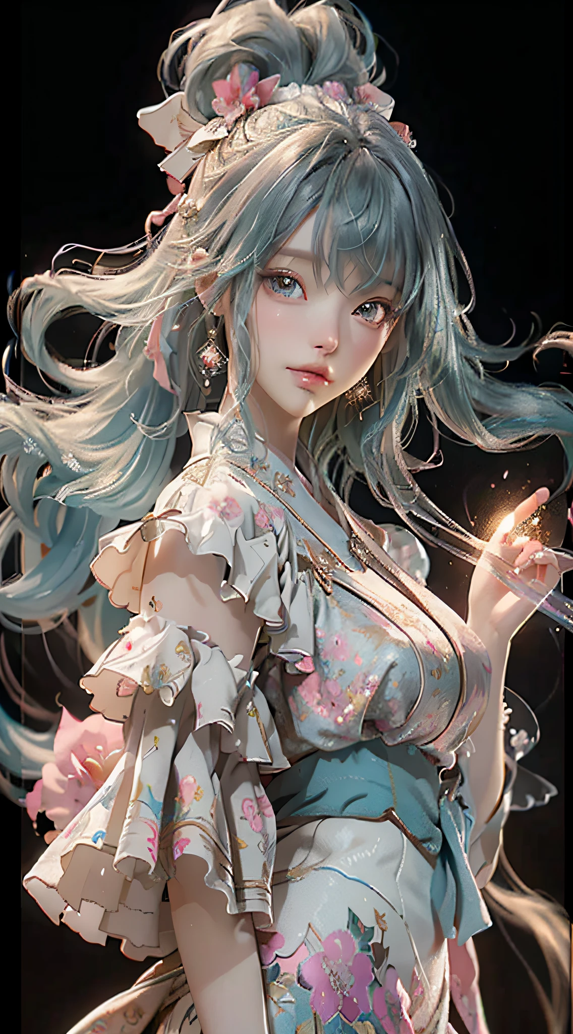 (masterpiece), (best quality), (ultra detailed),(disheveled hair),(illustration), (1girl), (Fashionable clothing), standing, Fashion model, looking at viewer, (interview), (simple background),beautiful detailed eyes, delicate beautiful face, Floating,(high saturation),(colorful splashes),colorful bubble,(shining), focus on face, kamisato ayaka, light blue hair, bangs, hair ring, floating flowers, floating hairs.Girl, anime waifu, looking at viewer, highlydetailed, reflections transparent iridescent colors, long transparent iridescent RGB hair, artby Serafleur from artstation, thick acrylic,illustration on pixiv, waist up portrait, gorgeoussacred girl, best quality, ultra detailed,sad,clever,beautiful face , beautiful lighton black background, Character stvle renderedby Octane,