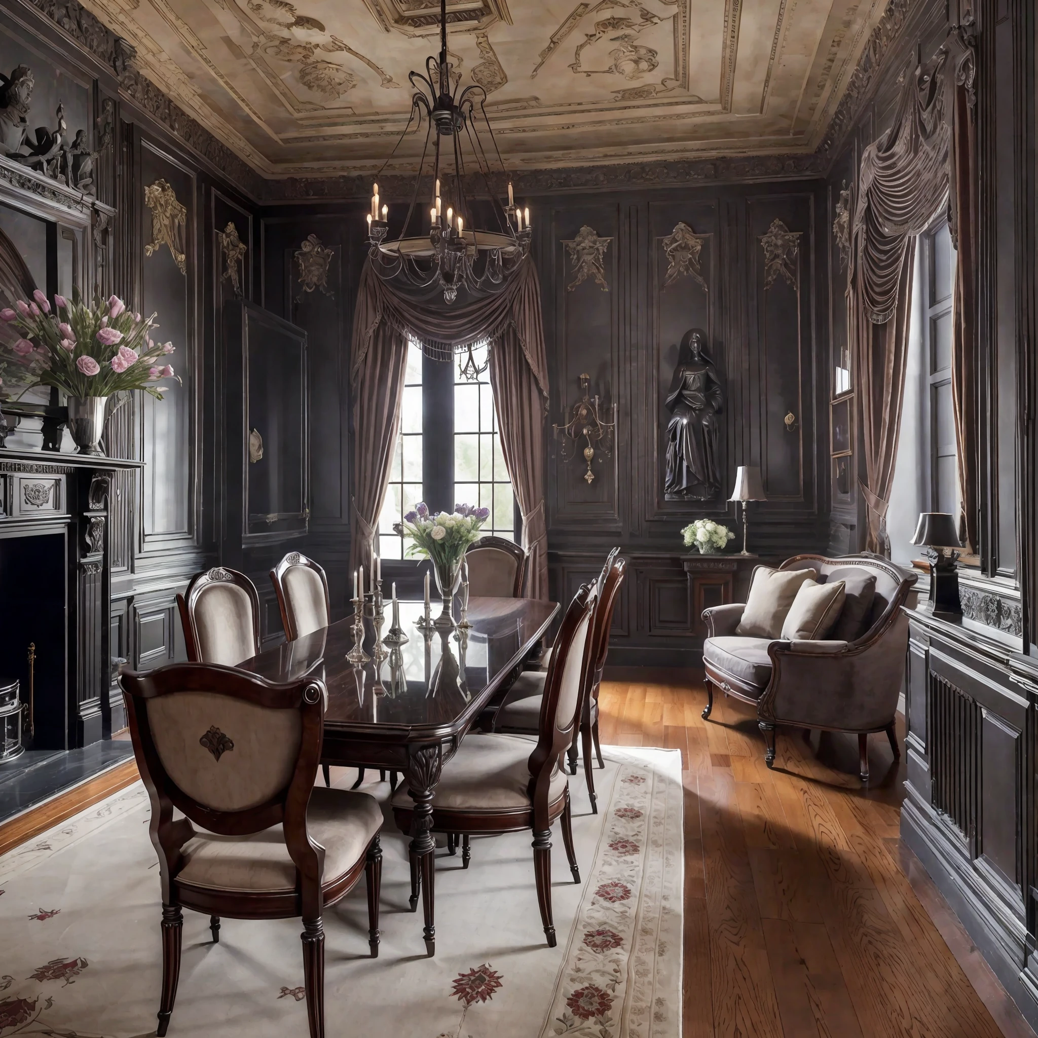 Superior quality, best quality, real image, realistic image, real photo, interior of a Victorian style house with artwork and statue, dark, gothic (double bedroom, dining room, kitchen, living room). --auto --s2